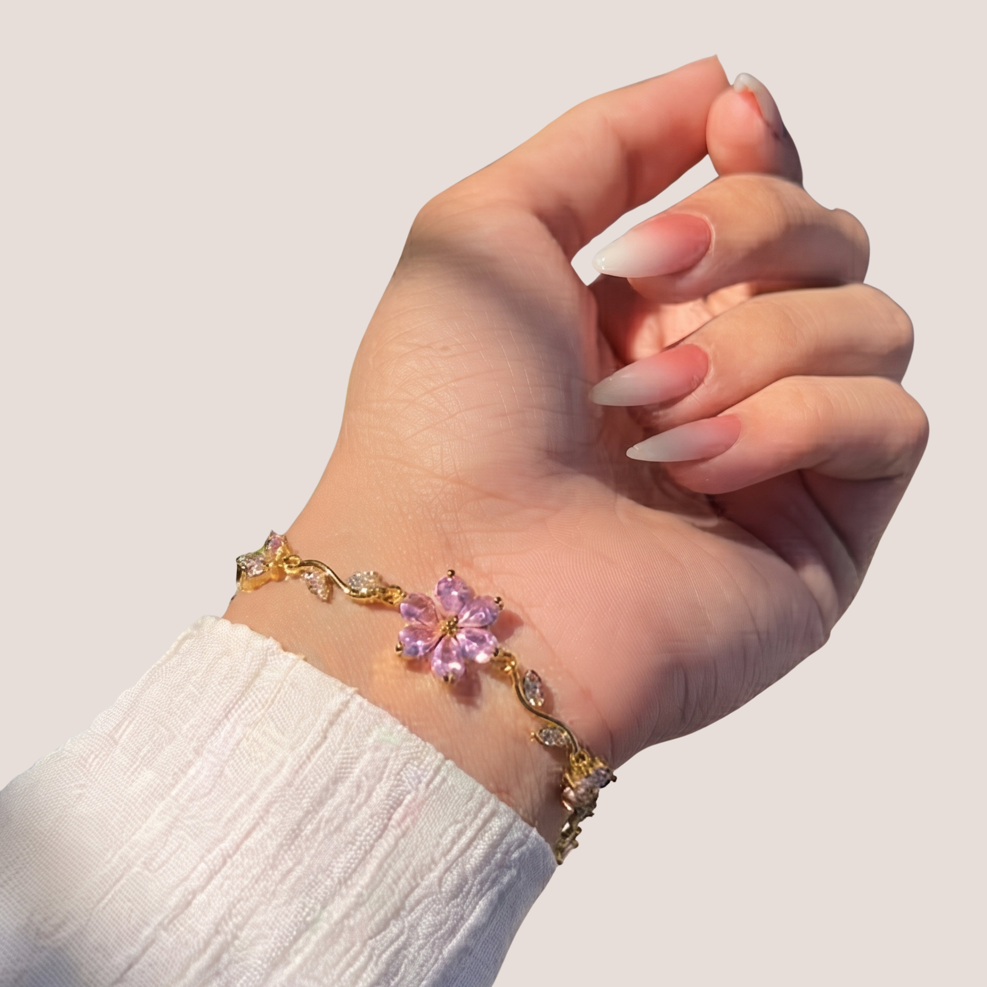 Gold Pink Floral Bracelet for Women | Adjustable Anti-Tarnish Cherry Blossom Crystal Bracelet