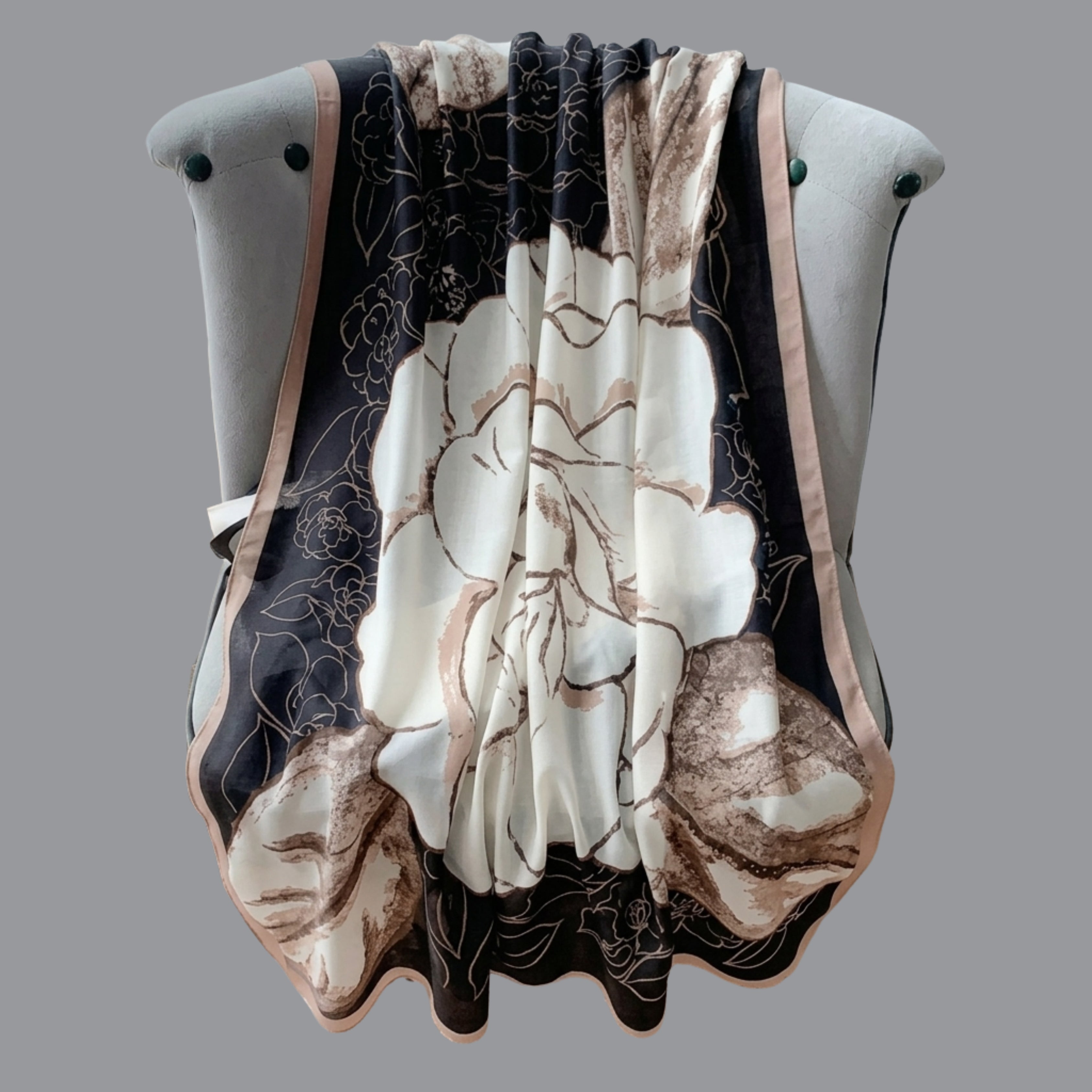 Elegant Black & Ivory Floral Print Women's Scarf | Soft Lightweight Korean Style Shawl, Wrap & Stole