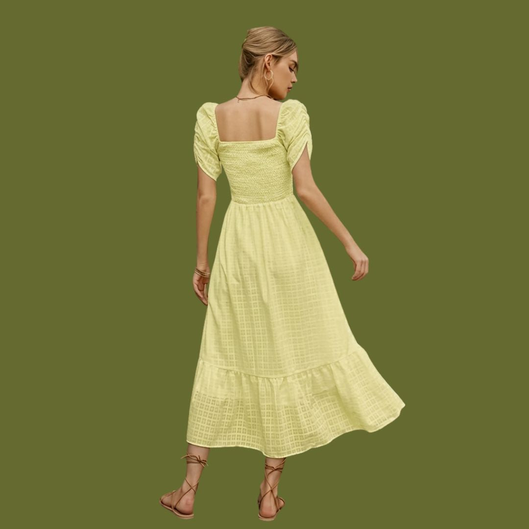 Yellow Smocked Square Neck Puff Sleeve Midi Dress for Women