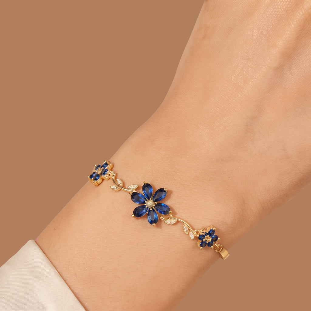 Blue Floral Bracelet for Women | Adjustable Anti-Tarnish Gold Bracelet with Crystal Flowers