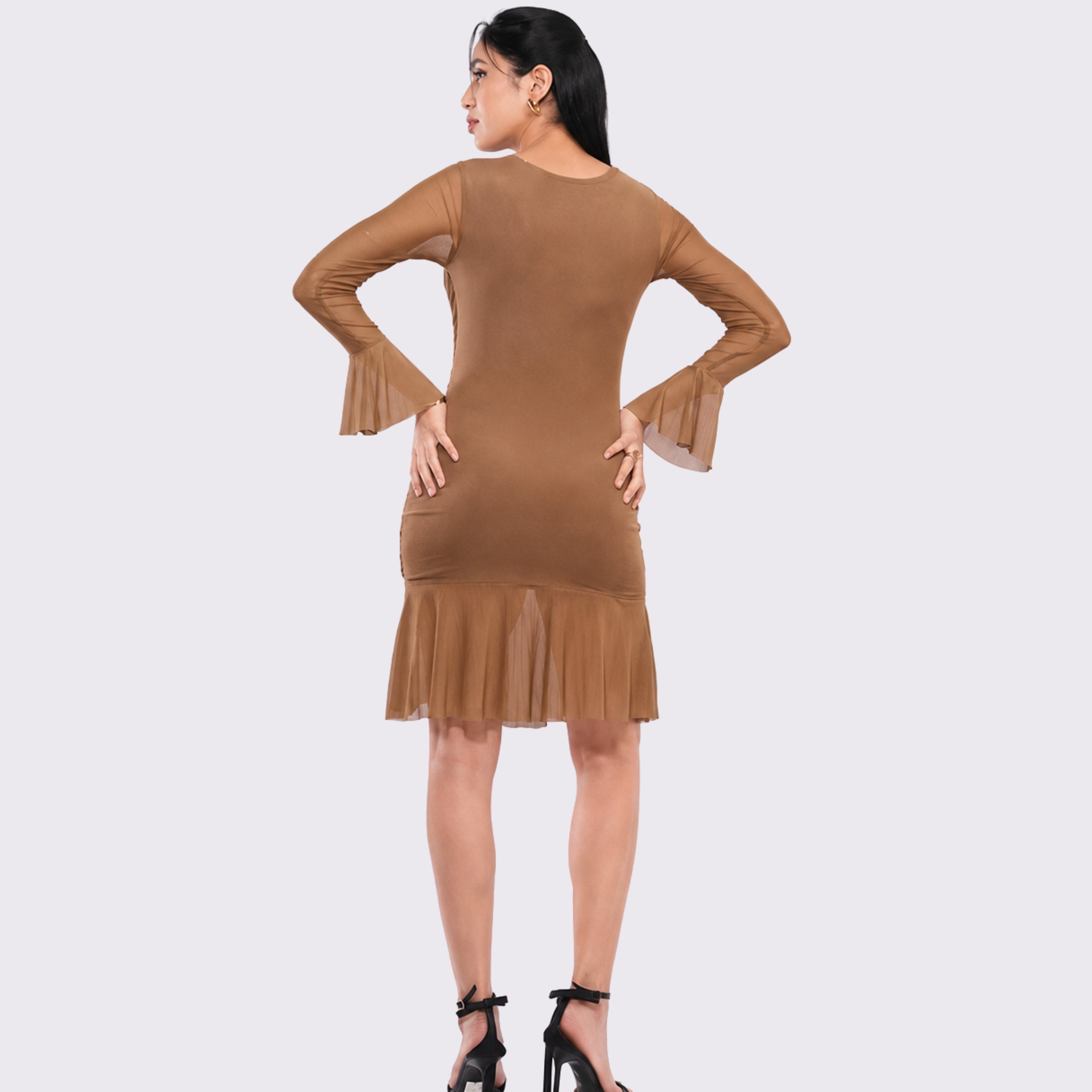 Women's Brown Midi Dress with Bell Sleeves