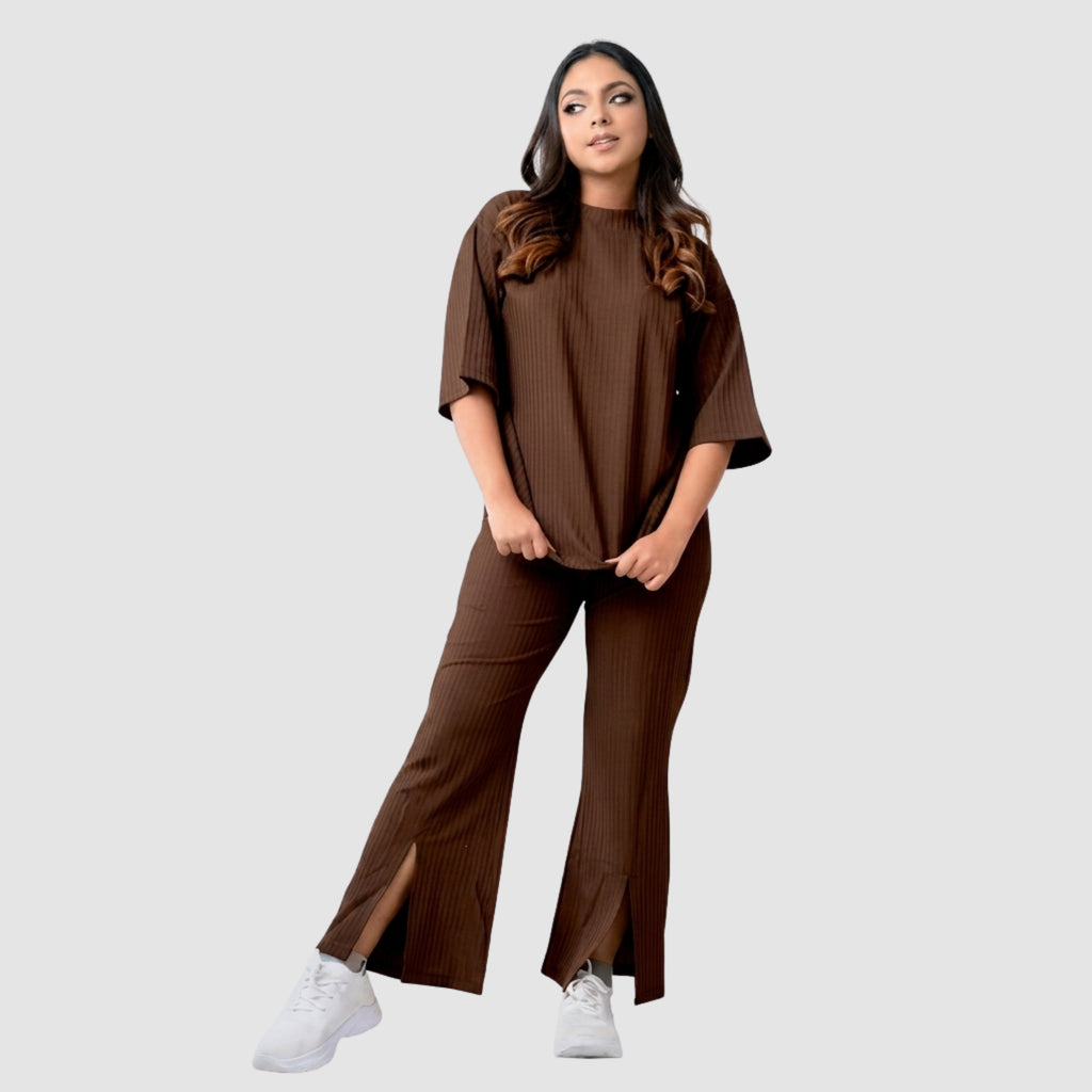 Women's Ribbed Co-Ord Set | Oversized Half Sleeve Top & Straight Fit Slit Pants | Casual Lounge Wear