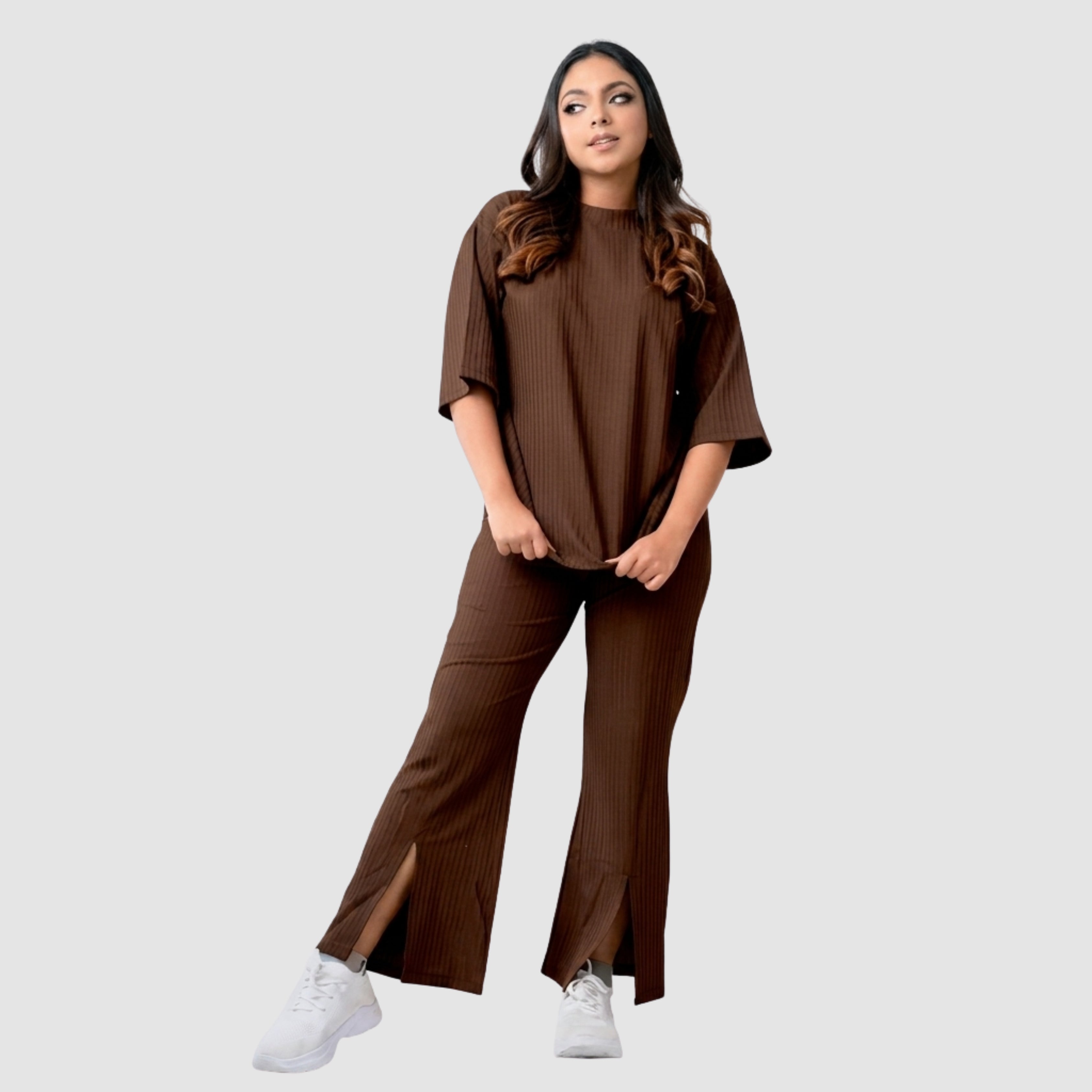 Women's Ribbed Co-Ord Set | Oversized Half Sleeve Top & Straight Fit Slit Pants | Casual Lounge Wear