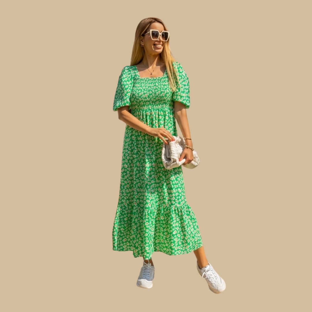 Summer Green Floral Tiered Dress with Puff Sleeves
