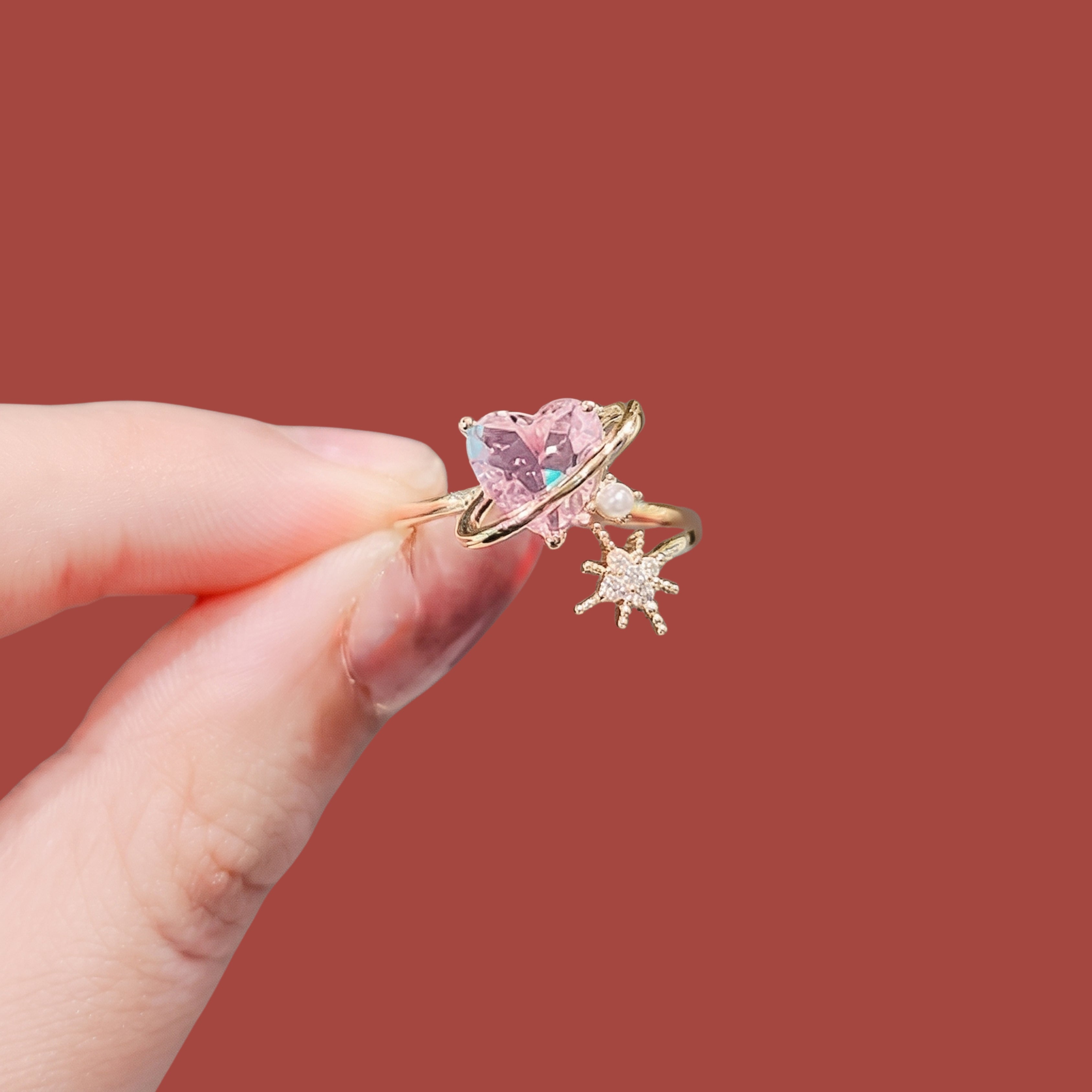 Pink Heart Adjustable Ring for Women | Anti-Tarnish Gold-Plated Planet Ring | Korean Minimalist Jewelry