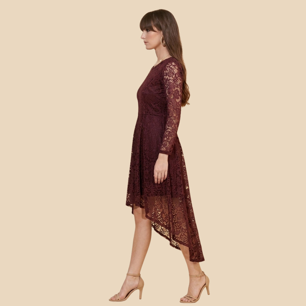 Burgundy Lace High-Low Dress with Long Sleeves