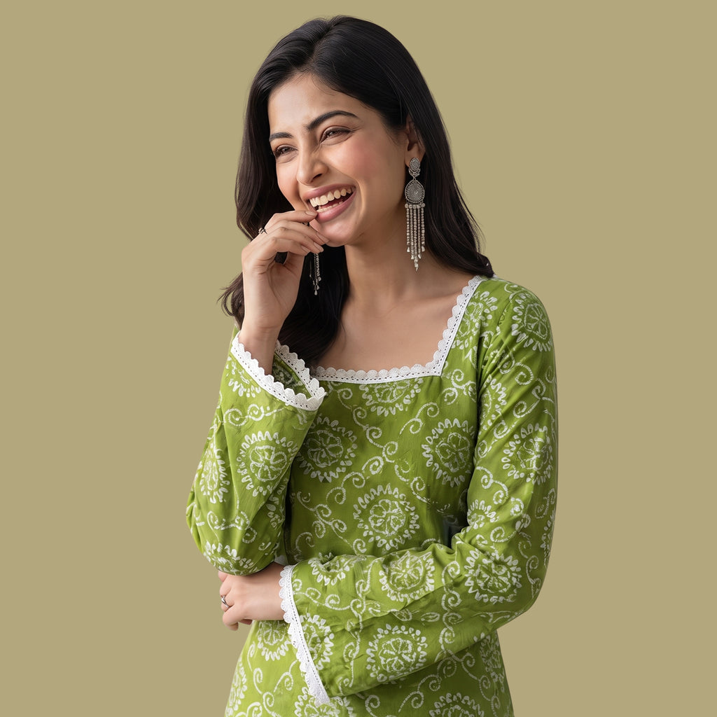 Women's Green Printed Short Kurti with Back Tie-Up | Casual & Festive Wear
