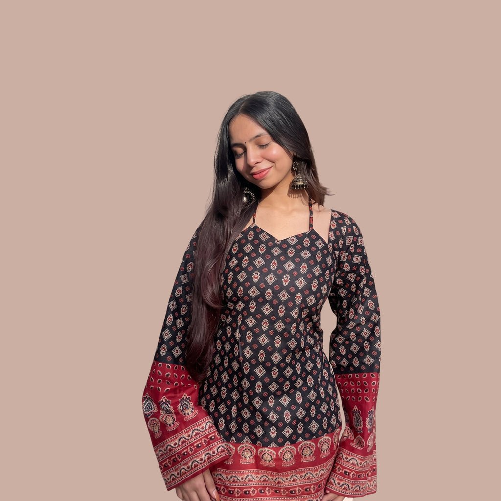 Women's Black & Maroon Printed Short Kurti | Boho Bell Sleeve Ethnic Tunic Top with Back Tie Detail