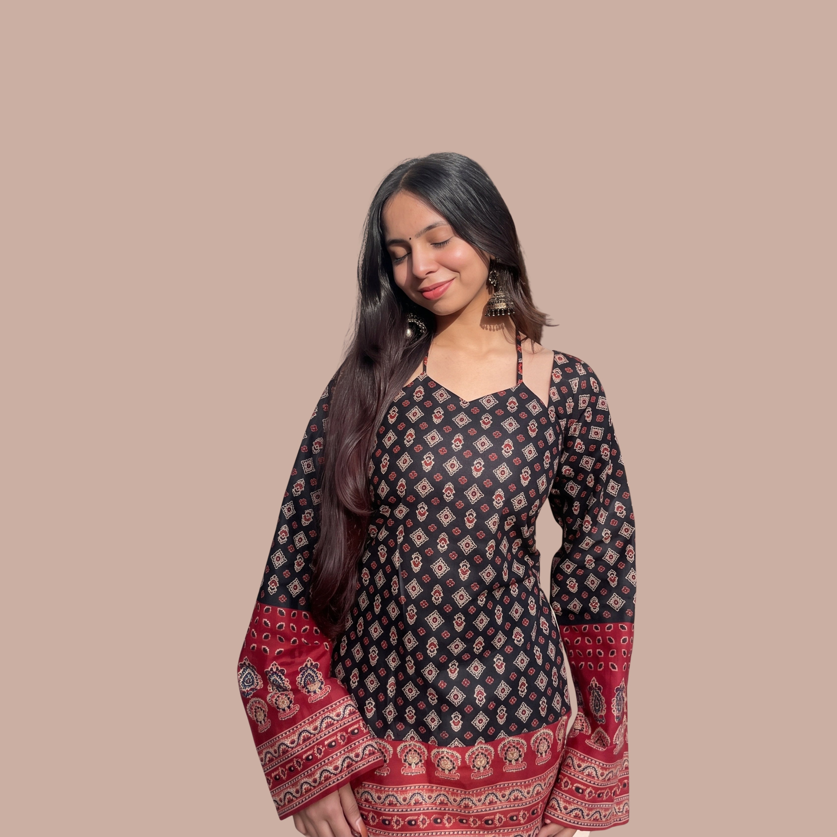 Women's Black & Maroon Printed Short Kurti | Boho Bell Sleeve Ethnic Tunic Top with Back Tie Detail