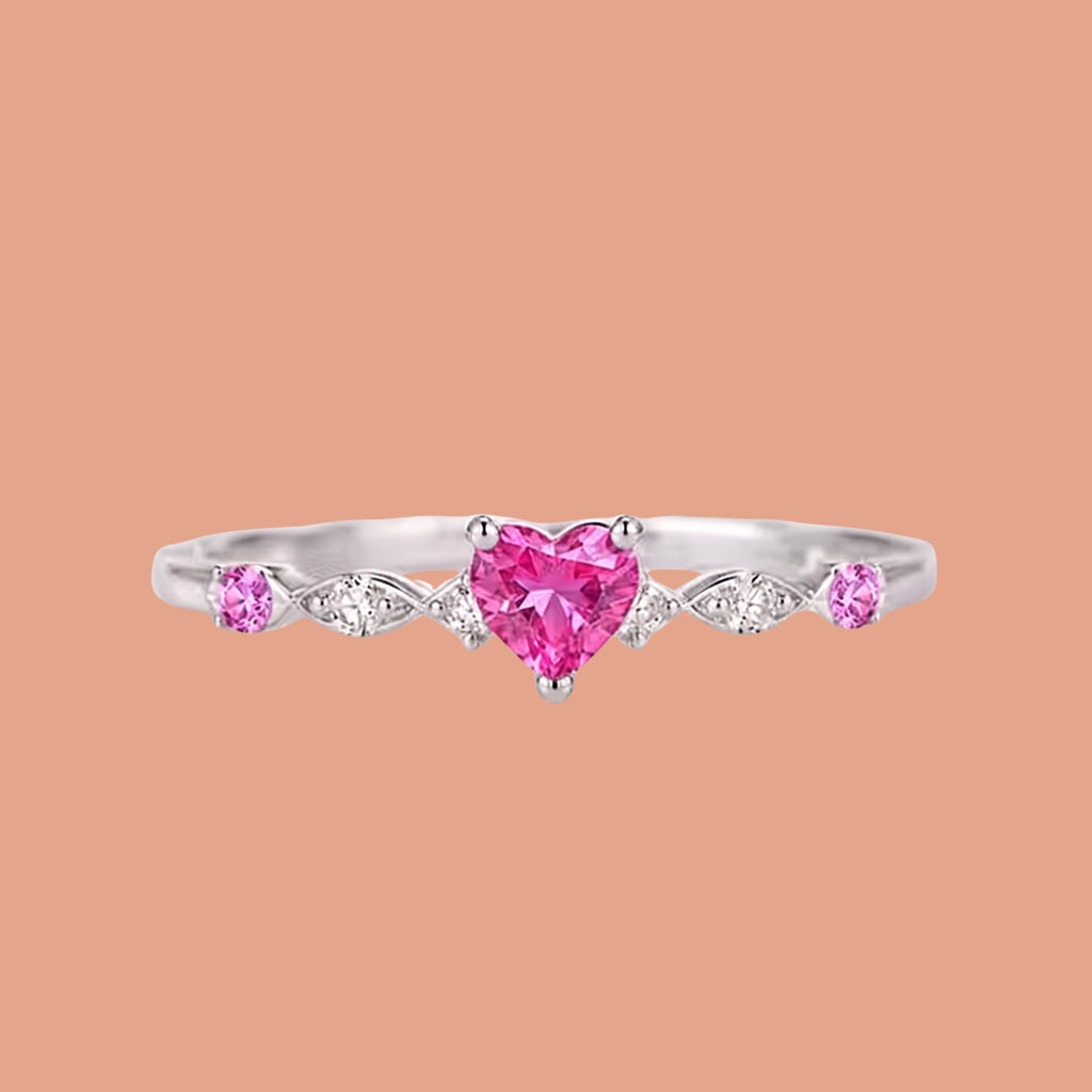 Pink Heart Crystal Ring for Women | Adjustable Anti-Tarnish Silver Ring