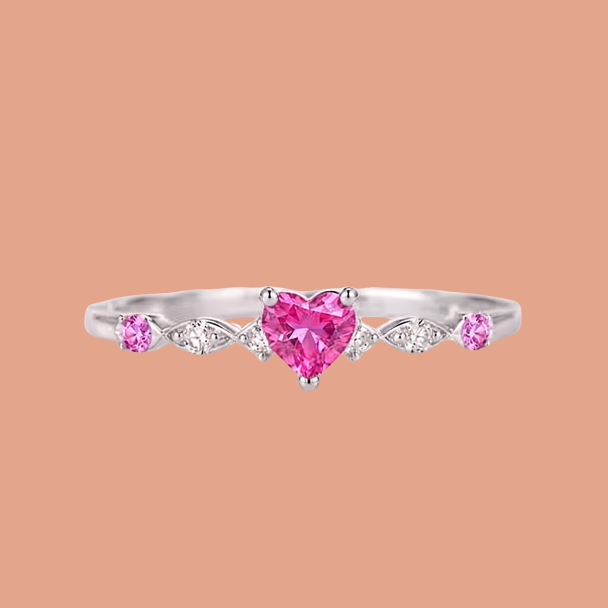 Pink Heart Crystal Ring for Women | Adjustable Anti-Tarnish Silver Ring