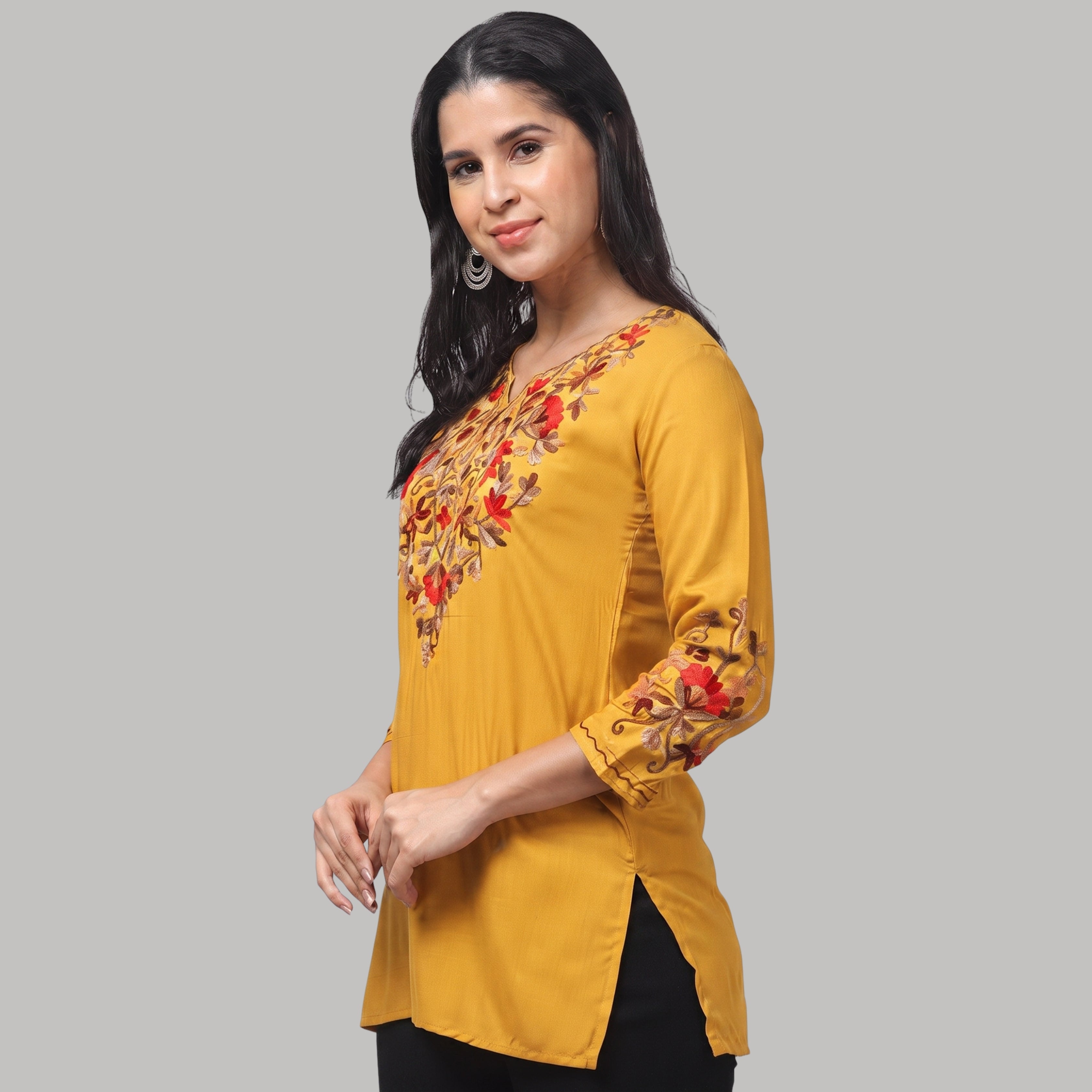 Women's Yellow Floral Embroidered Short Kurti  | Casual, Office & Festive Wear