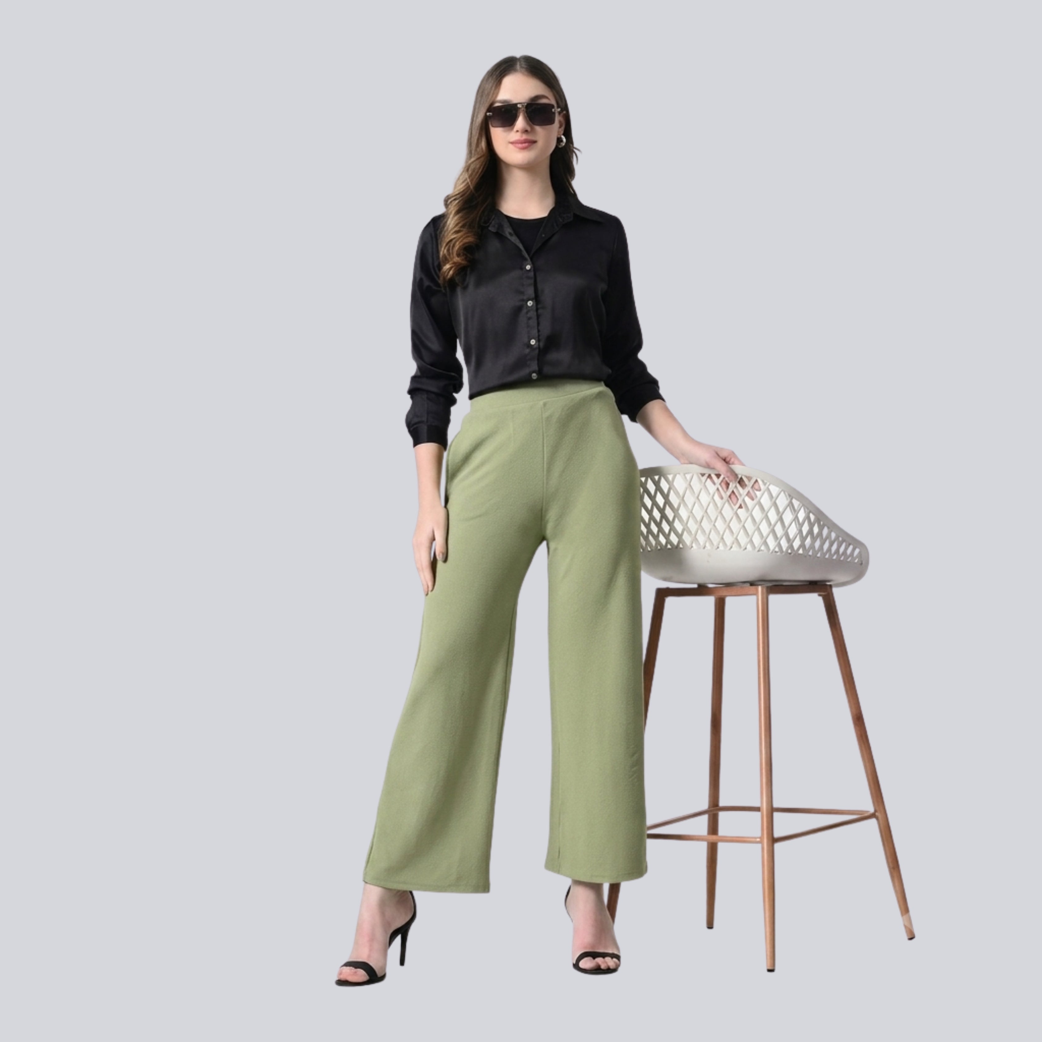 Women's Korean Wide Leg Pants | High Waist Green Casual & Office Trousers