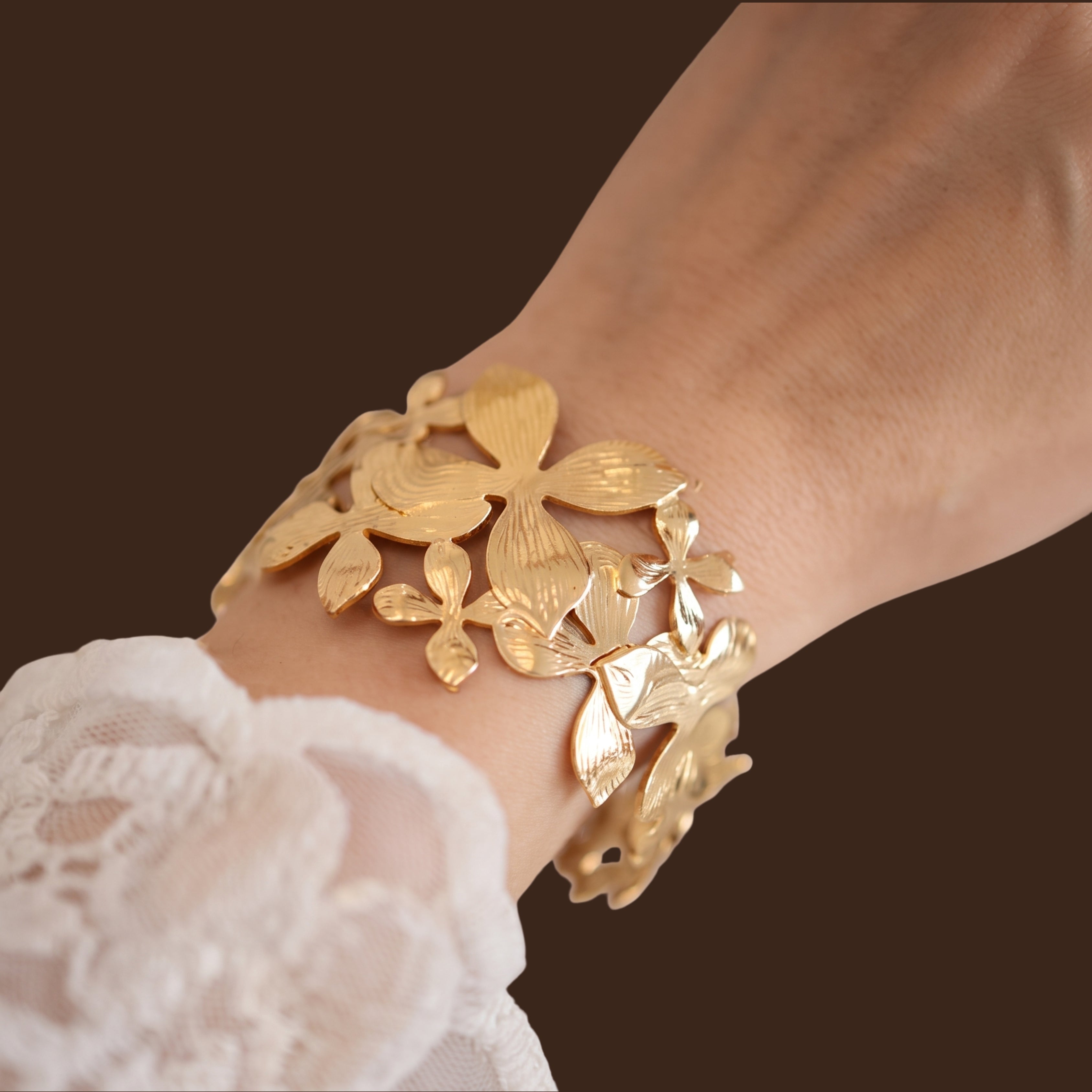 Gold Floral Adjustable Cuff Bracelet for Women | Anti-Tarnish Statement Bracelet |