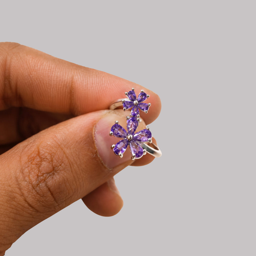 Purple Flower Ring for Women | Double Floral Statement Ring | Anti-Tarnish and Adjustable