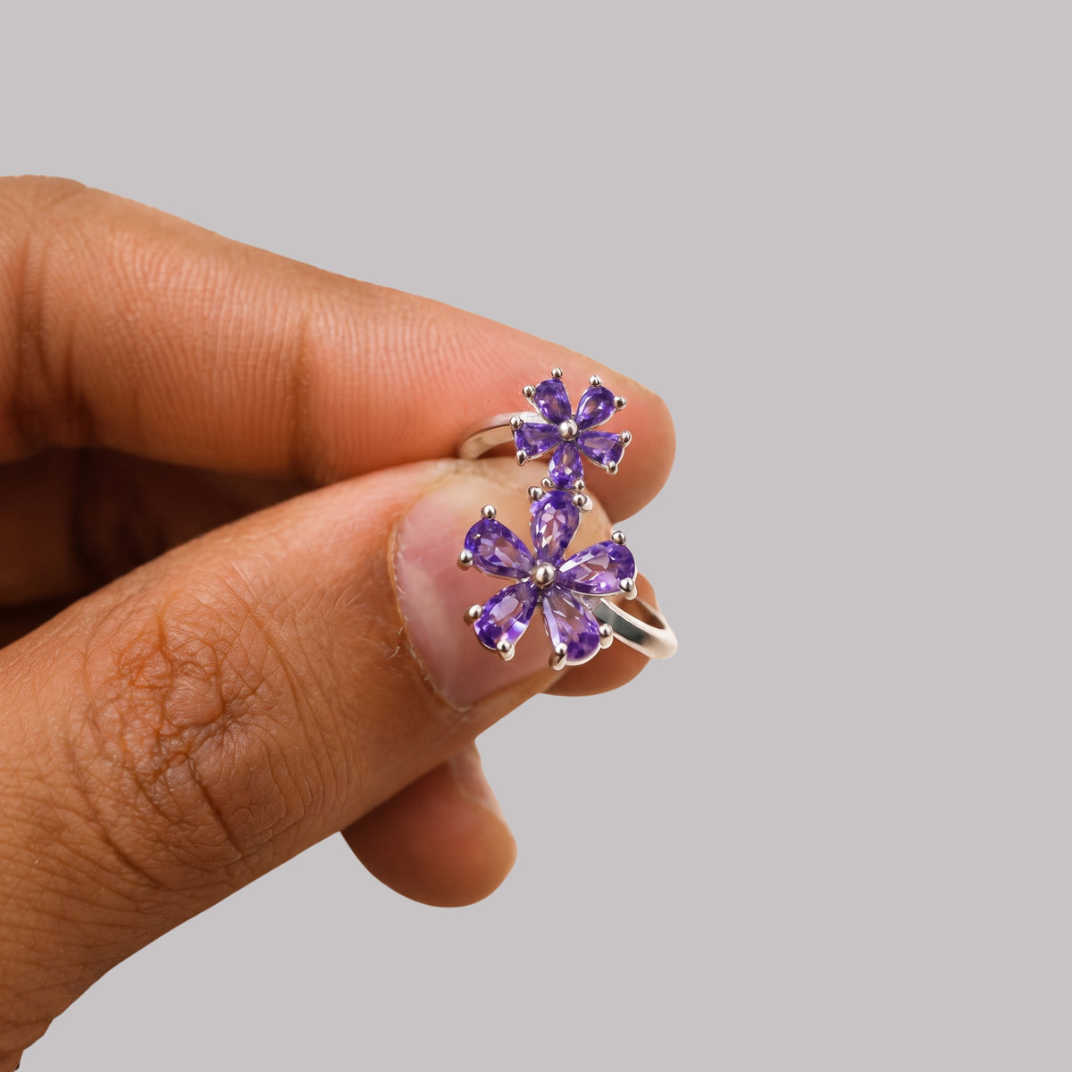 Purple Flower Ring for Women | Double Floral Statement Ring | Anti-Tarnish and Adjustable