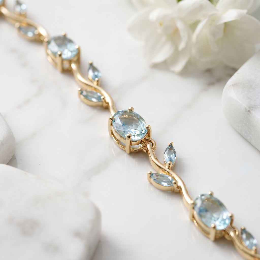 Gold Leaf Crystal Bracelet for Women | Adjustable Anti-Tarnish Bracelet with Blue Stones