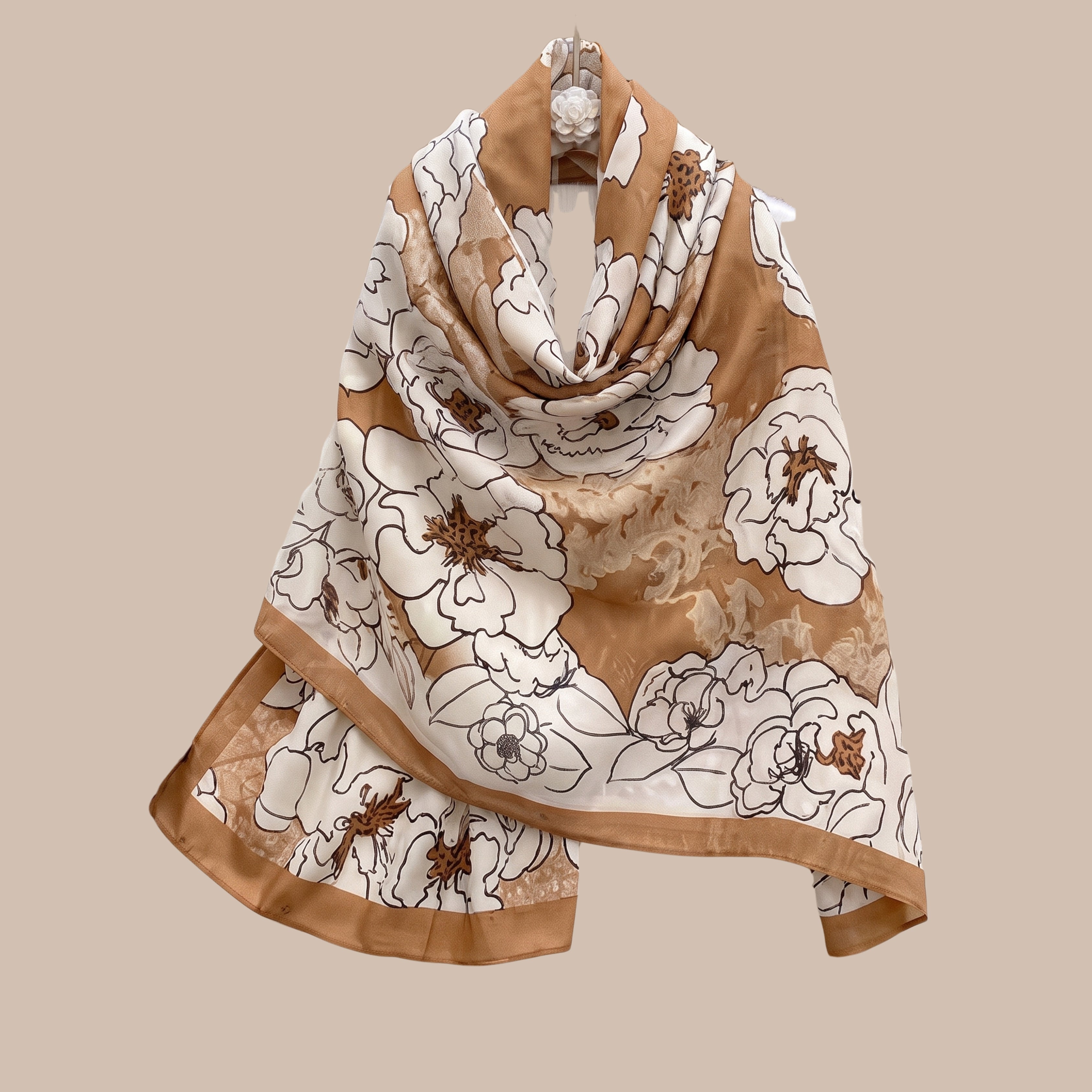 Scarf for Women - Beige Floral Print Lightweight Shawl, Women's Stole, Wrap & Neck Scarf