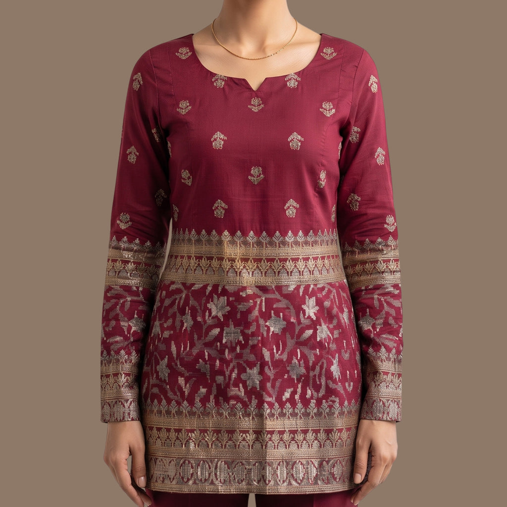 Women's Maroon Printed Short Kurti  | Full Sleeve Casual Kurti for Women