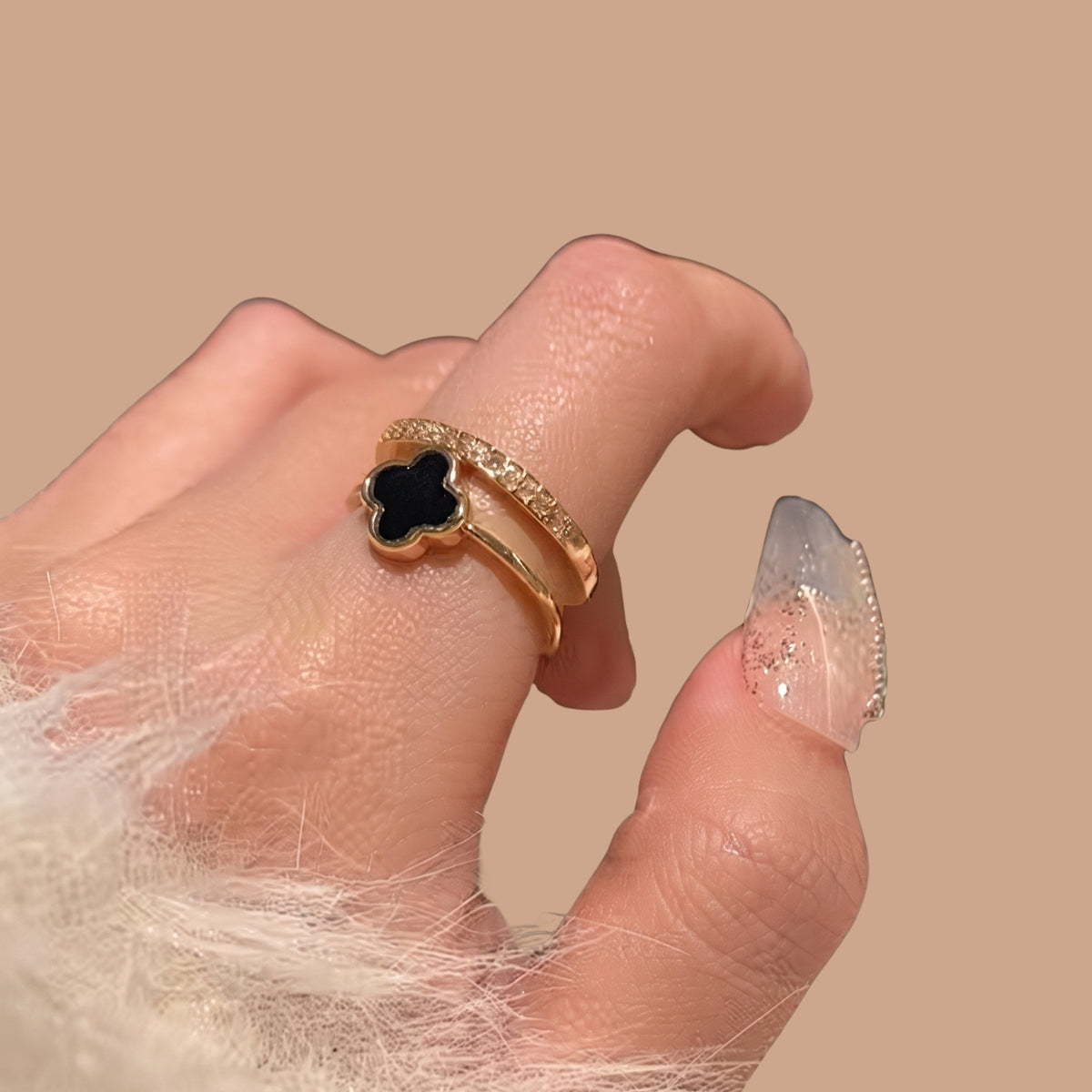 Black Clover Adjustable Ring for Women | Anti-Tarnish Open Ring | Elegant Lucky Clover Statement Ring