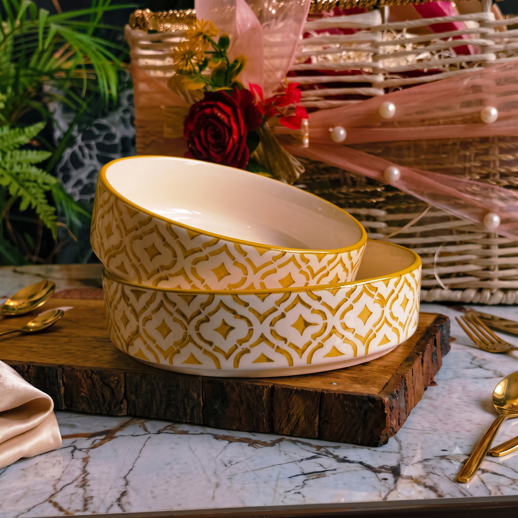 Premium Gold Ceramic Serving Bowls (Set of 2) | Microwave Safe & Reusable