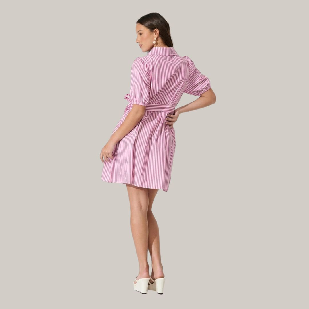 Pink Striped Shirt Dress for Women | Collared Tie-Waist Mini Dress with Puff Sleeves