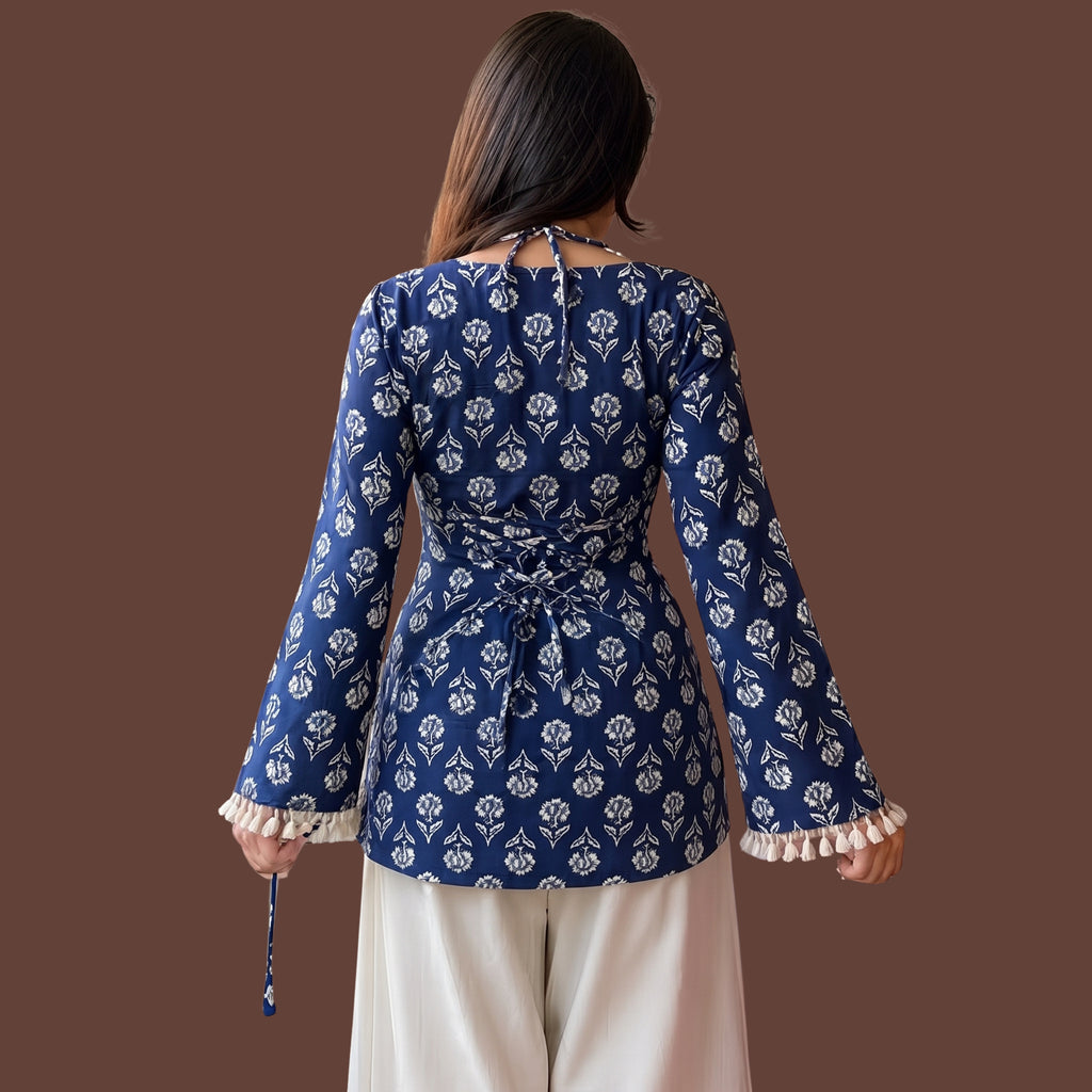 Women's Blue Floral Printed Short Kurti | Bell Sleeve Cotton Blend Ethnic Top with Back Tie-Up