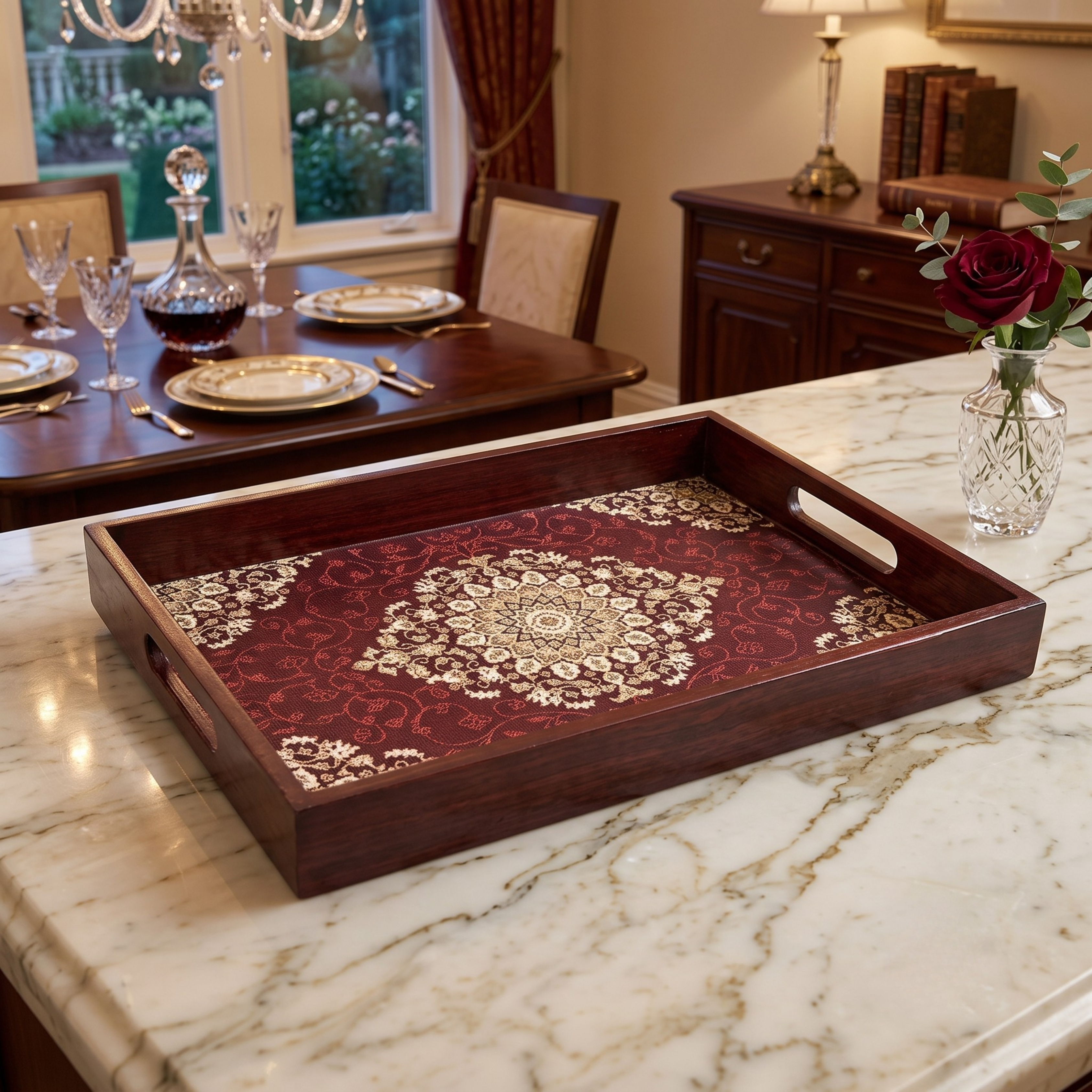 Elegant Red Wooden Serving Tray with Intricate Pattern | 30x22 cm