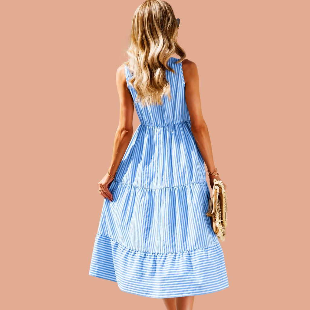 Blue & White Striped Sleeveless Tiered Midi Dress