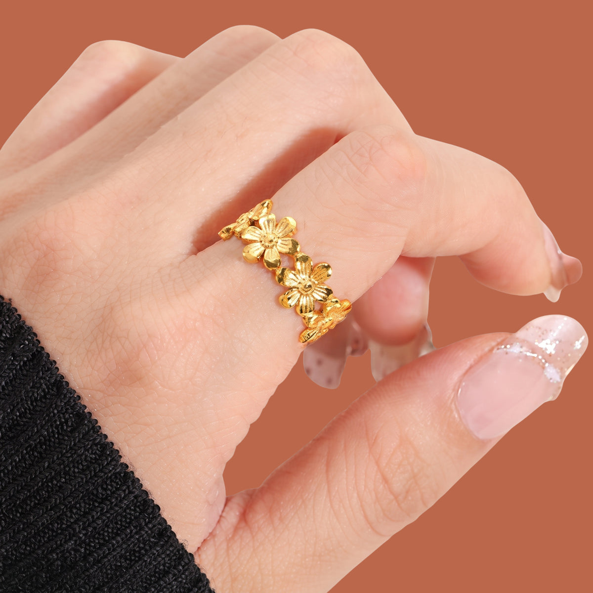 Gold Floral Adjustable Ring for Women | Anti-Tarnish Daisy Flower Ring