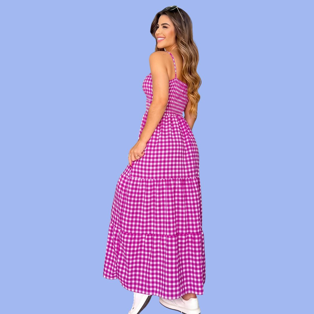 Pink Gingham Cut-Out Maxi Sleeveless Summer Casual Dress