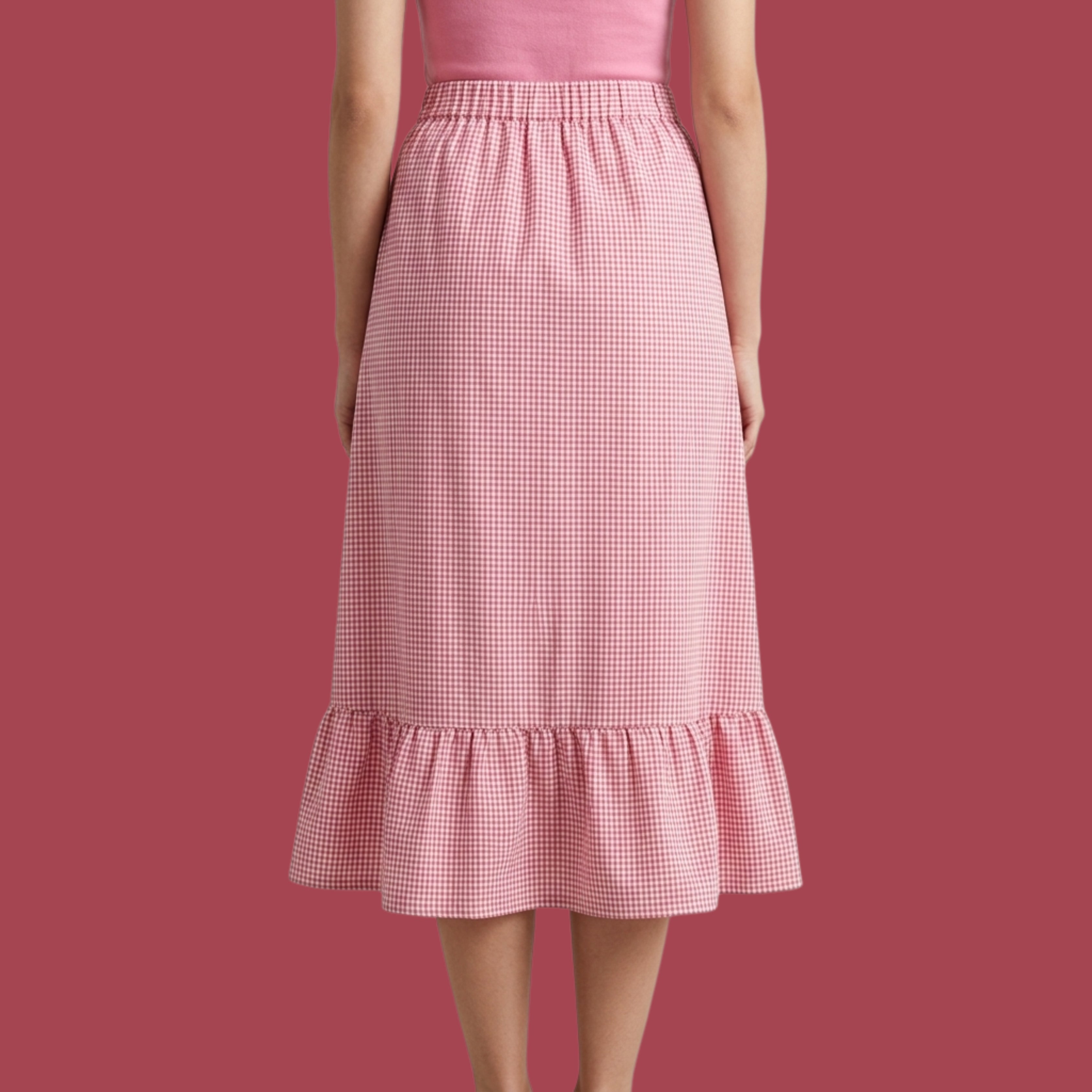 Korean Style Pink Gingham Ruffle Midi Skirt for Women | High Waist Checkered Skirt
