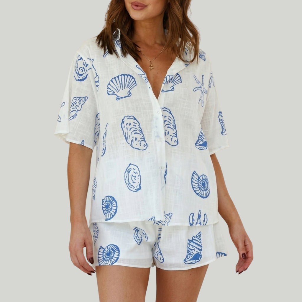 Blue Seashell Print Cotton Co-Ord Set for Women | Oversized Shirt & Shorts Summer Outfit