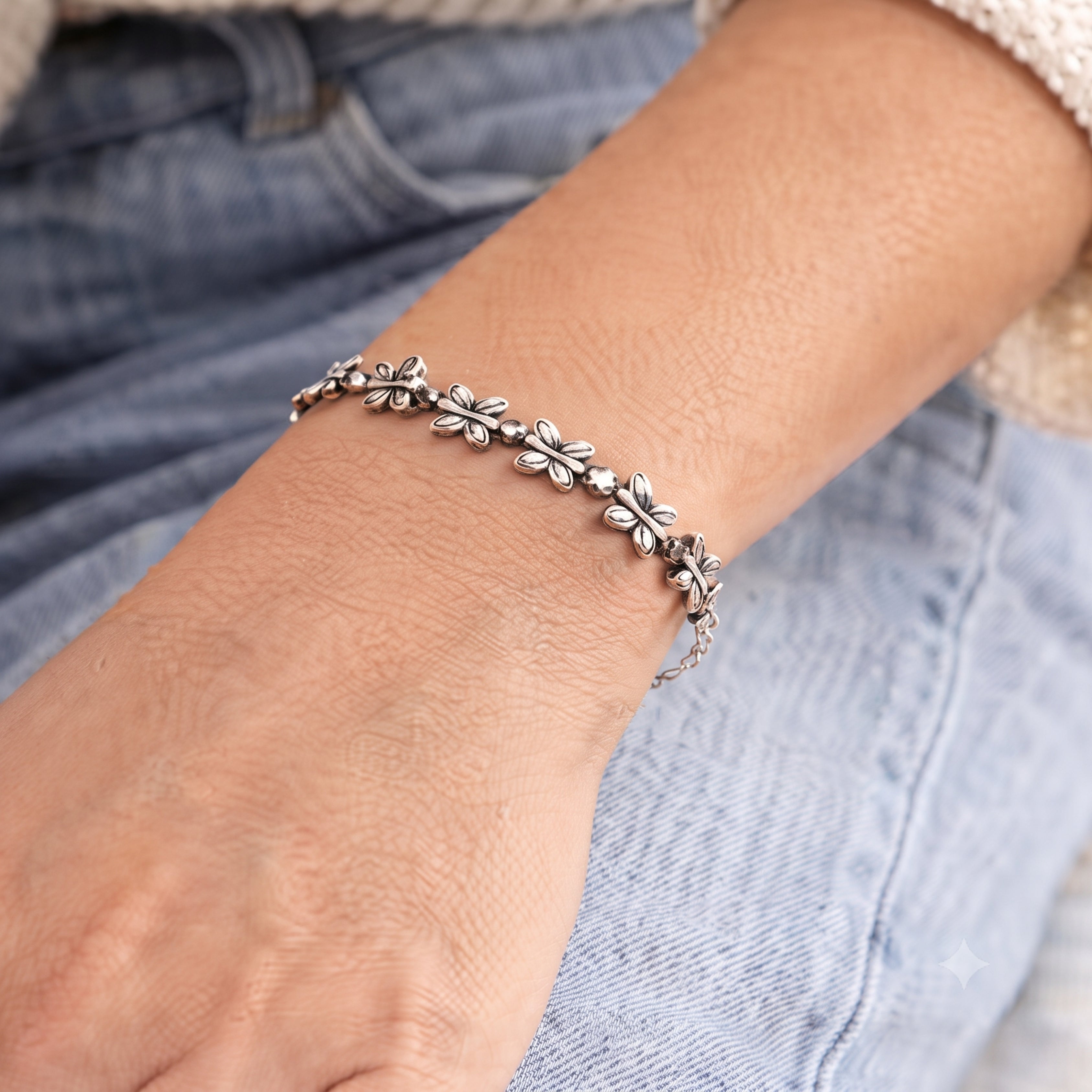 Silver Butterfly Adjustable Bracelet for Women | Anti-Tarnish Vintage Charm Bracelet