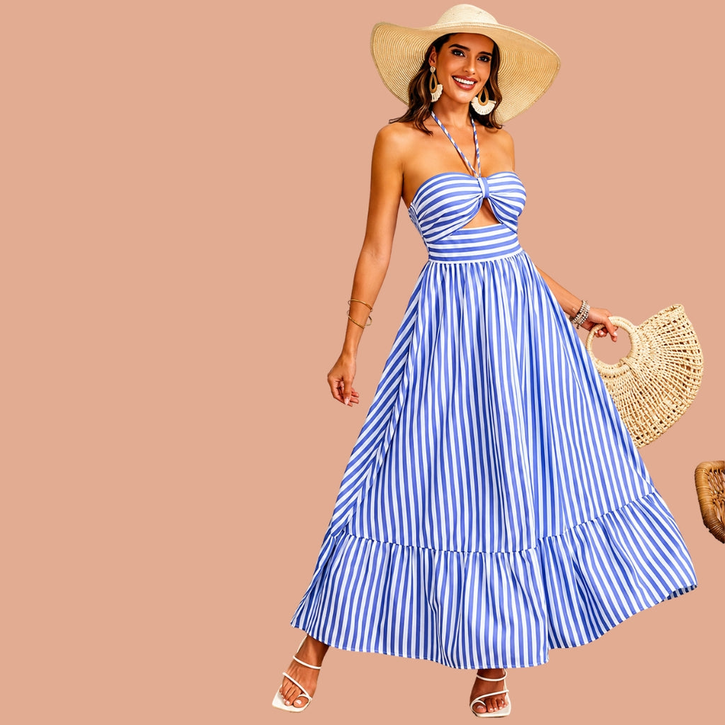 Blue & White Striped Cut-Out Halter Maxi Dress