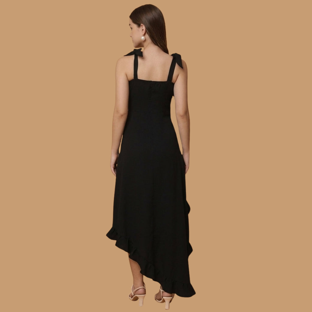 Women’s Black Ruffle Asymmetrical Maxi Dress | Elegant Evening Dress