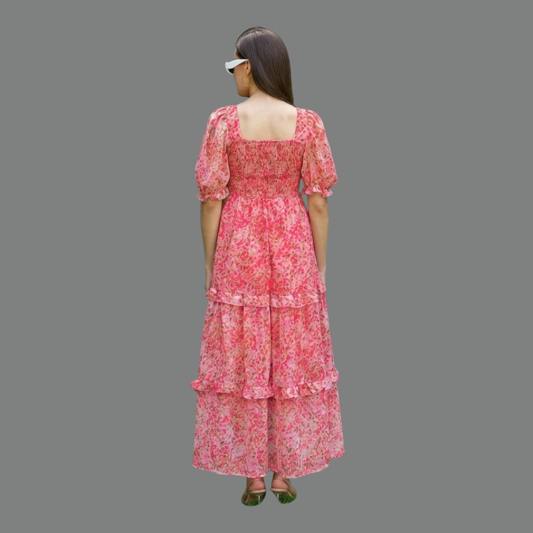 Pink Floral Smocked Tiered Midi Dress for Women | Puff Sleeve Summer Party Dress