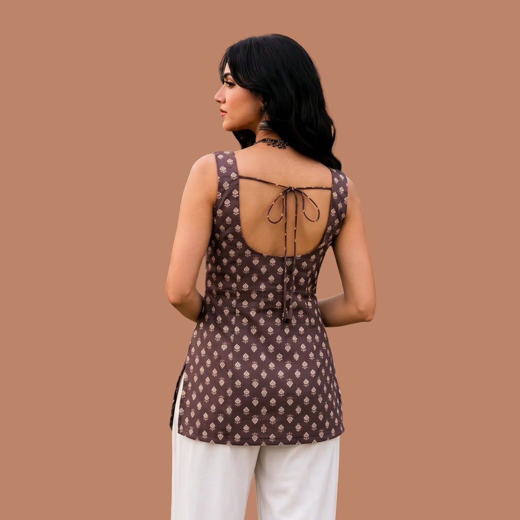 Women's Brown Printed Sleeveless Short Kurti | Square Neck Open Back Tie-Up Top |
