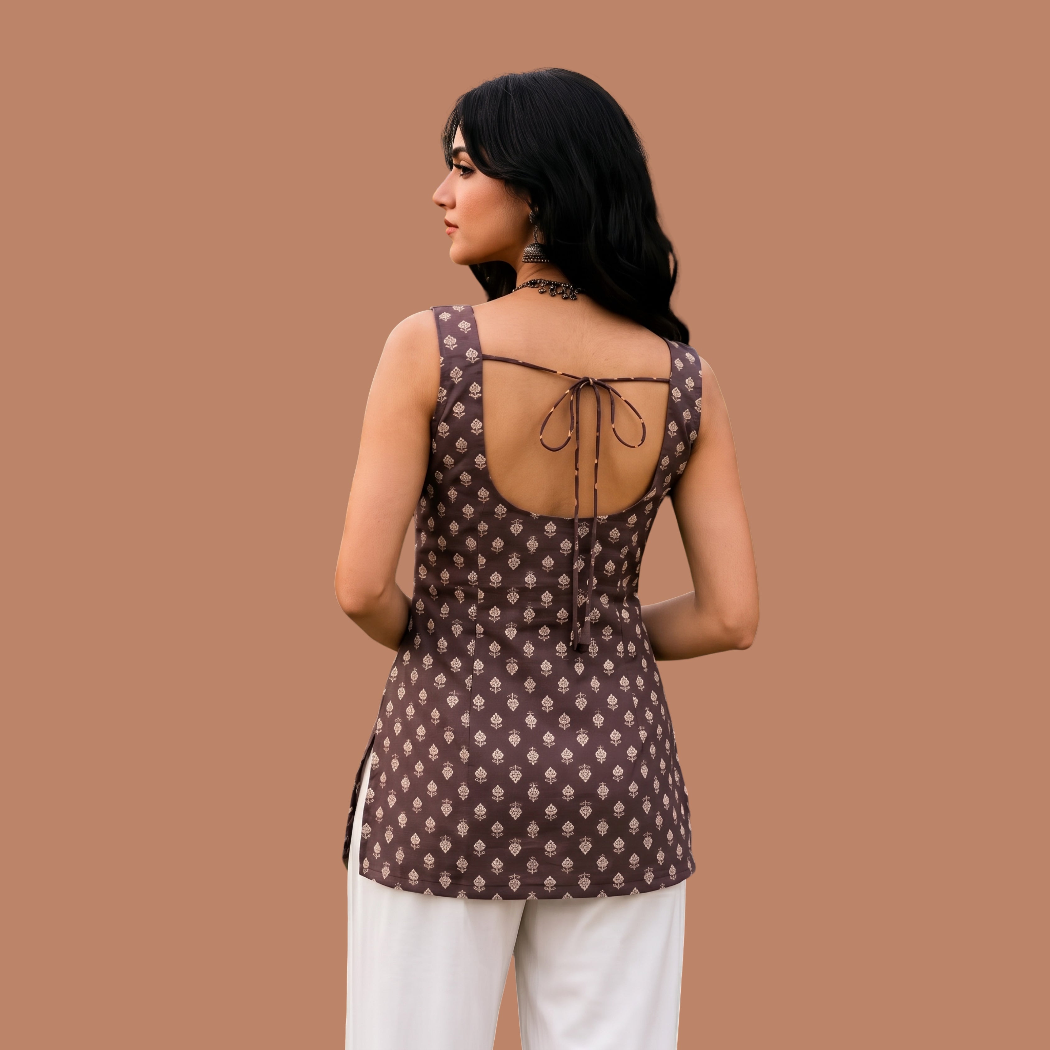 Women's Brown Printed Sleeveless Short Kurti | Square Neck Open Back Tie-Up Top |