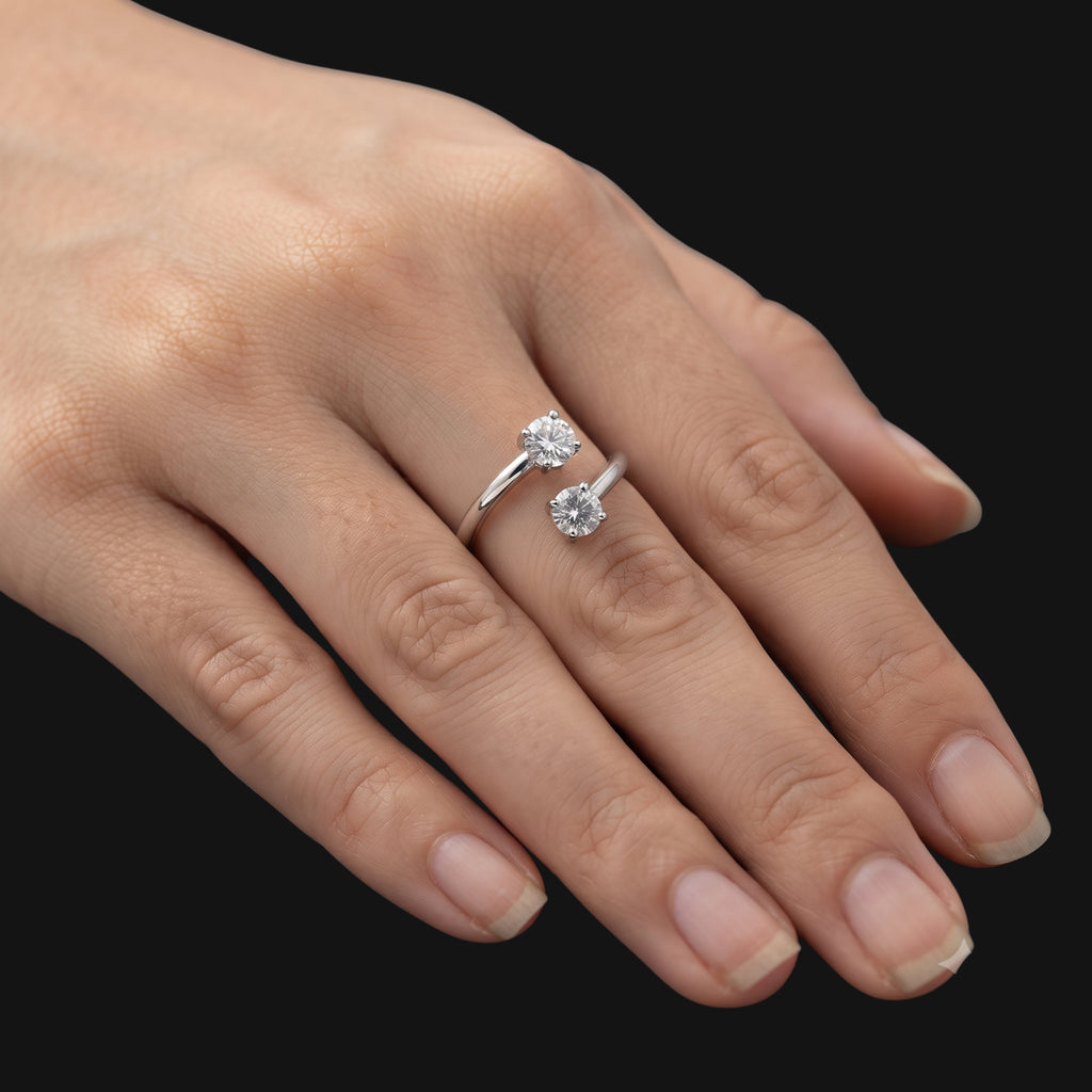 Dual Solitaire Adjustable Ring for Women | Anti-Tarnish Silver Crystal Open Ring