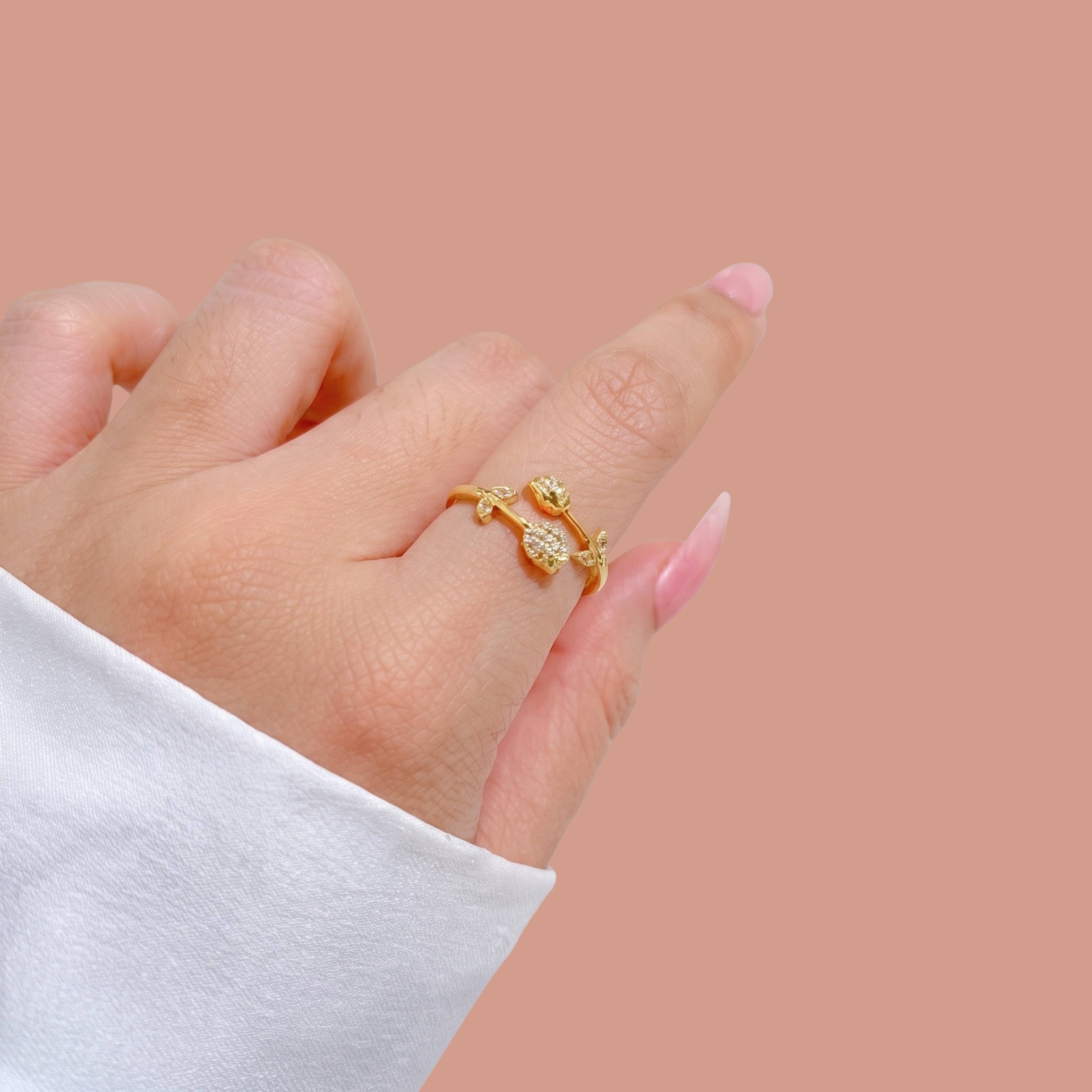 Dainty Leaf & Crystal Adjustable Ring for Women | Anti-Tarnish Gold Plated Open Ring | Minimalist Nature-Inspired