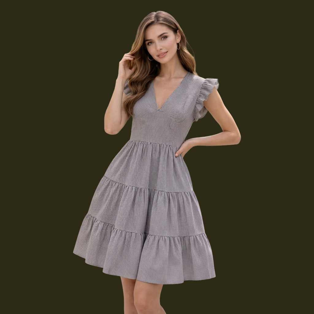 Grey Ruffle Sleeve Tiered Mini Dress for Women