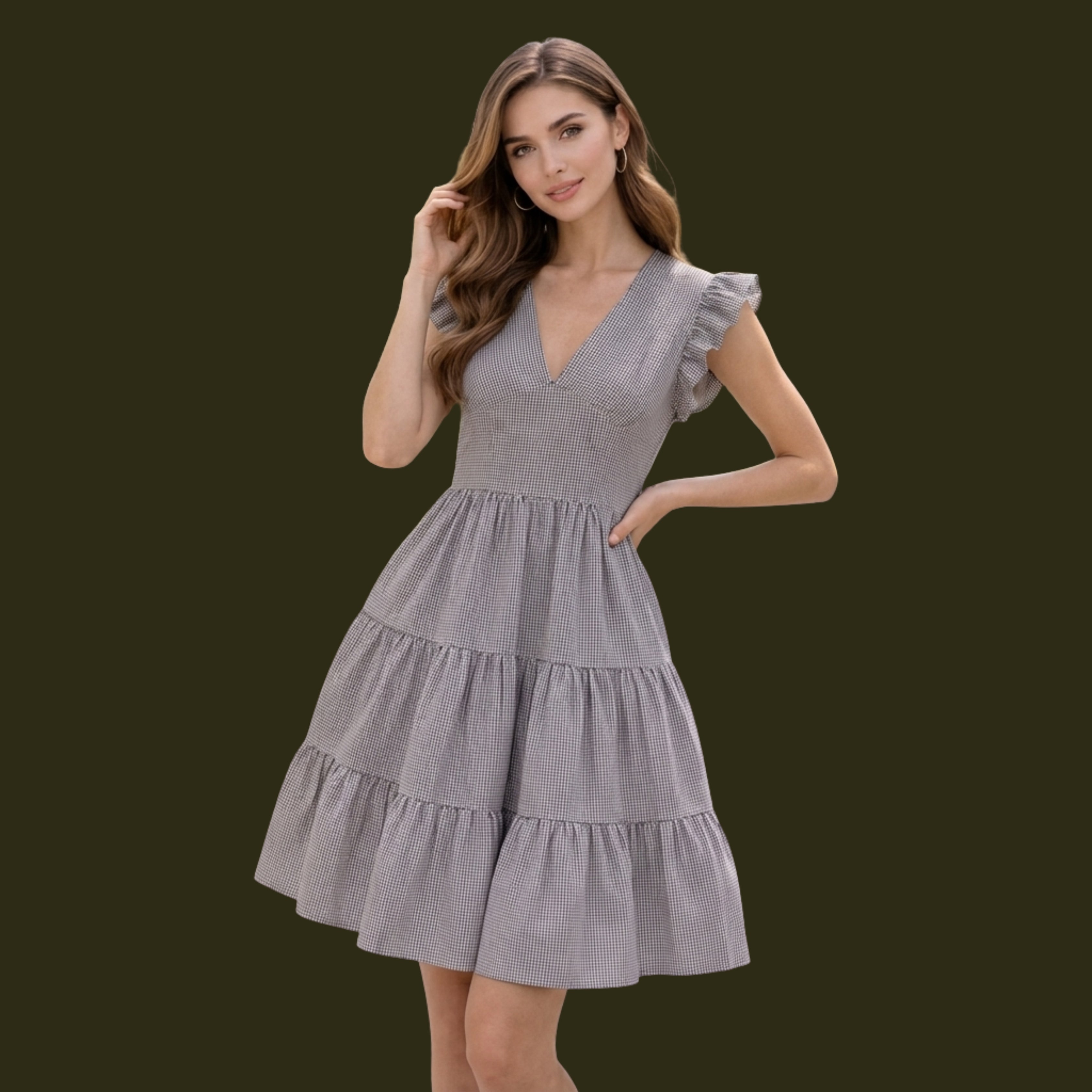 Grey Ruffle Sleeve Tiered Mini Dress for Women