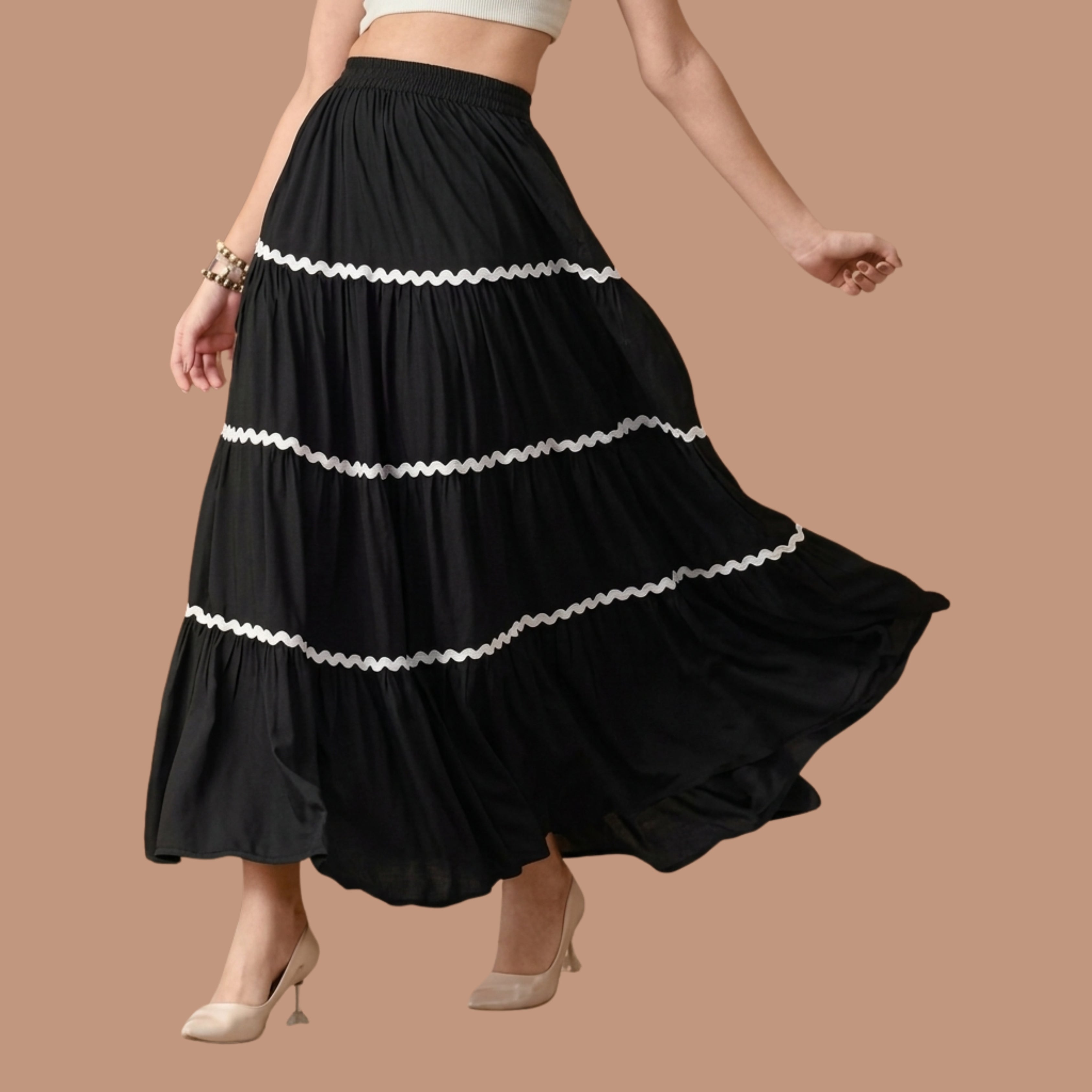 Korean Style Black Tiered Maxi Skirt for Women | High Waist Flowy Long Skirt with White Lace Trim