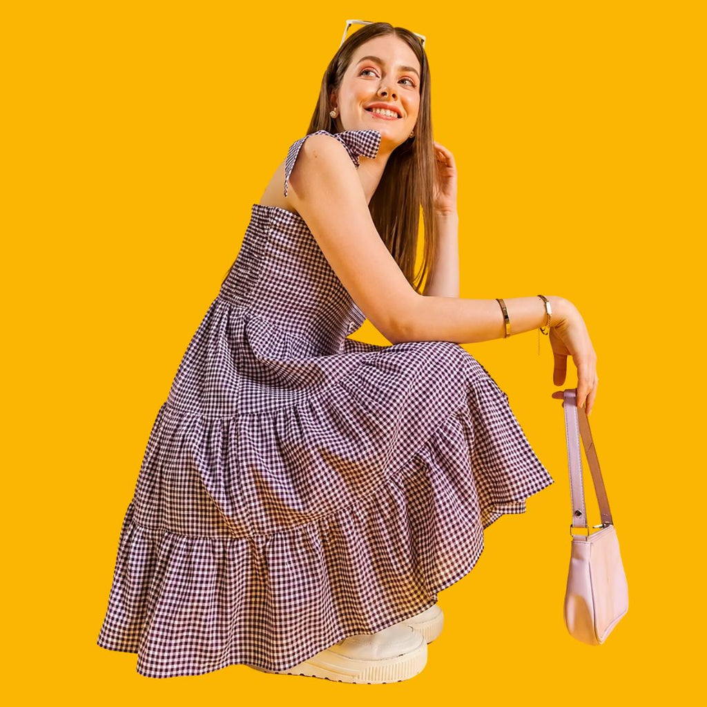 Purple Gingham Tie-Strap Tiered Dress for Women | Casual Summer Cotton Dress
