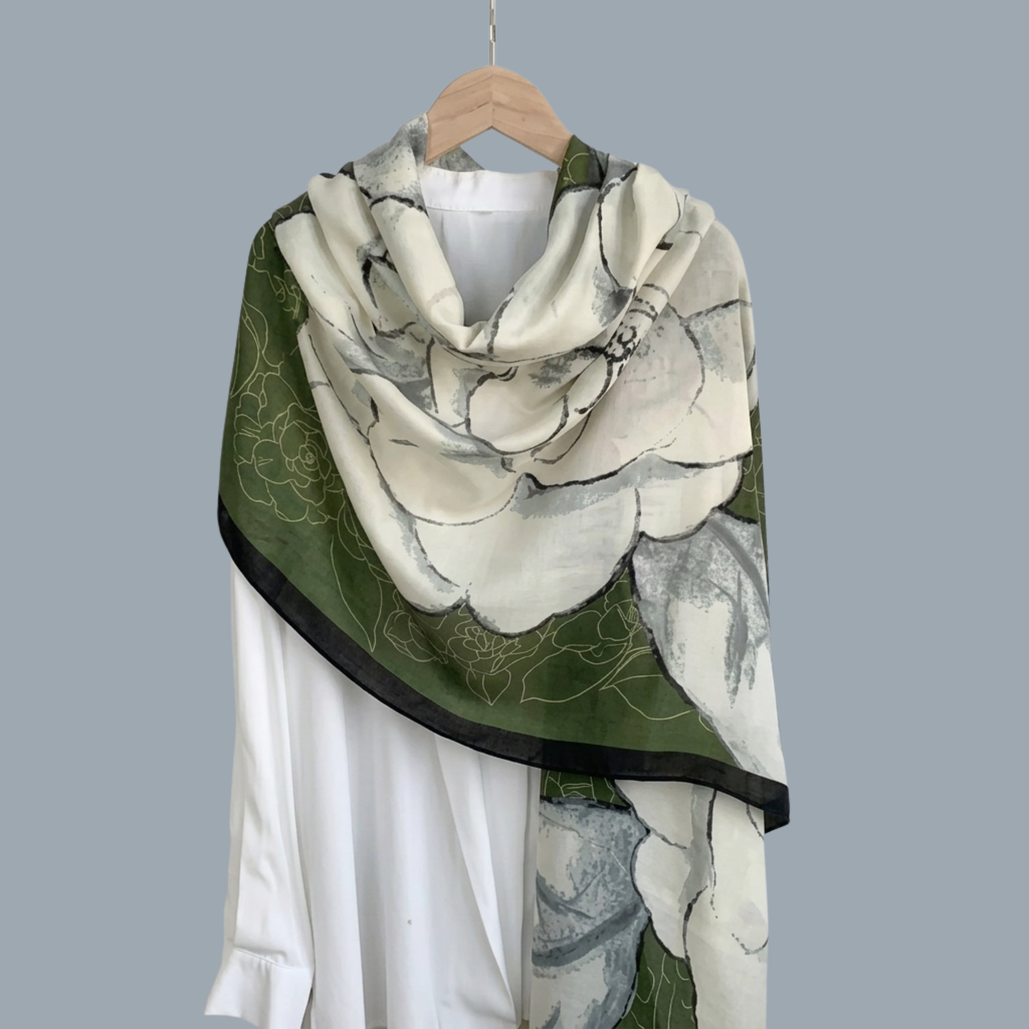 Elegant Green Floral Print Women's Scarf | Soft Lightweight Korean Style Shawl, Wrap & Stole