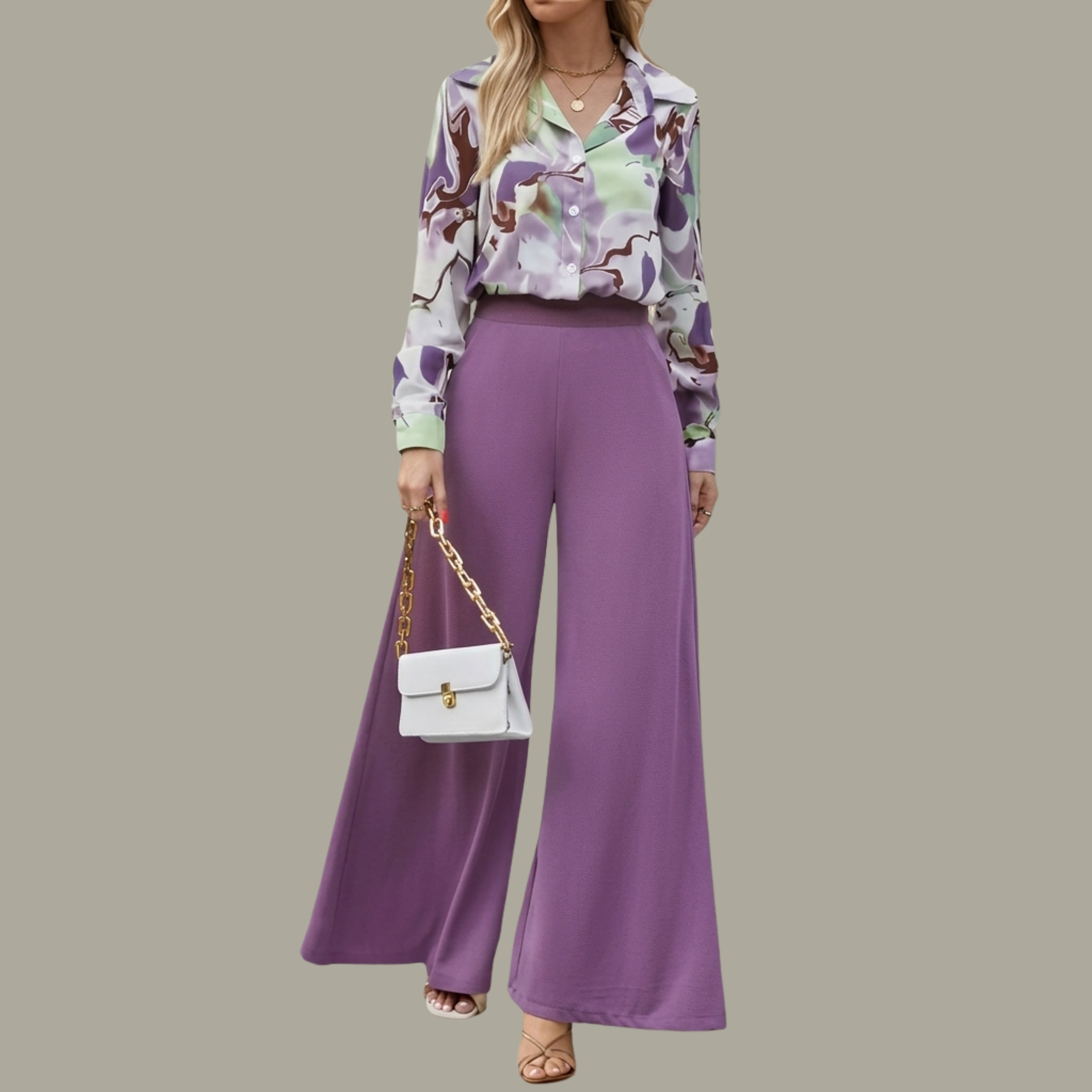 Women's Purple Printed Shirt & High-Waist Wide Leg Pants Co-Ord Set | Elegant Casual Two-Piece Outfit