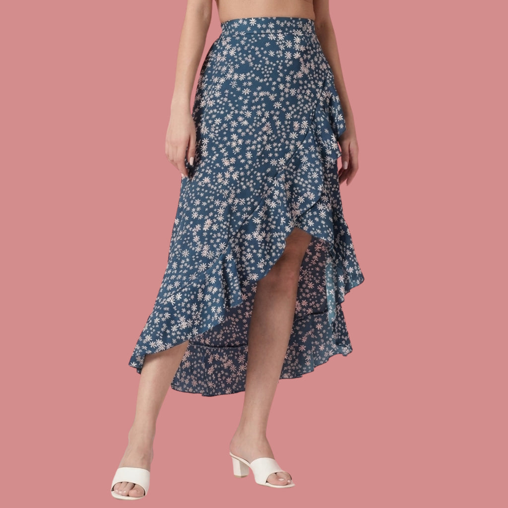 Korean Style Blue Floral High-Low Wrap Midi Skirt for Women | Ruffle Hem Skirt