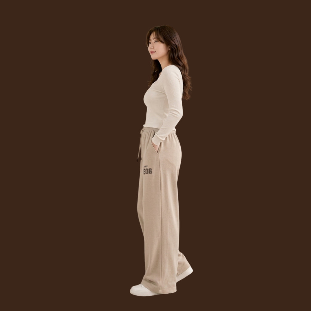 Women's KOREAN Beige Wide Leg Sweatpants – High Waist Drawstring Casual Lounge Pants
