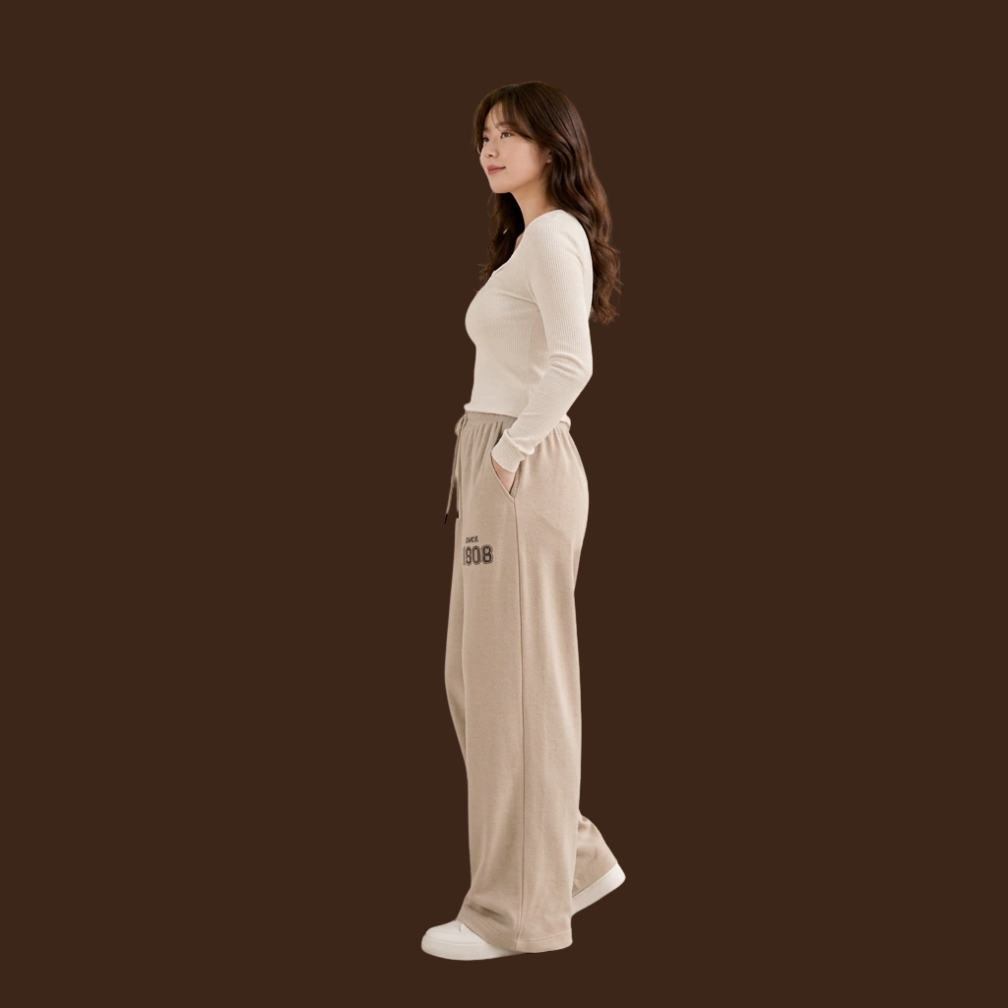 Women's KOREAN Beige Wide Leg Sweatpants – High Waist Drawstring Casual Lounge Pants